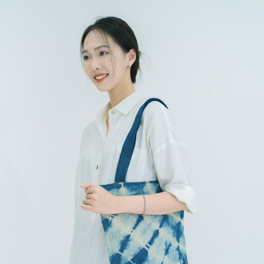Hmong Indigo Stripe Tote Bag - Hand-Dyed Flow Pattern Brocade - Traditional Hill Tribe Artisan Shoulder Bag