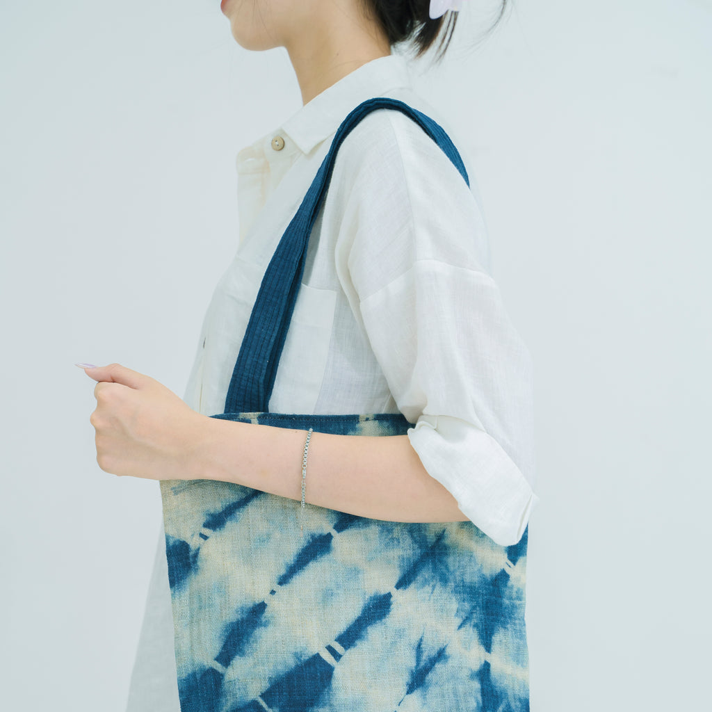 Hmong Indigo Stripe Tote Bag - Hand-Dyed Flow Pattern Brocade - Traditional Hill Tribe Artisan Shoulder Bag