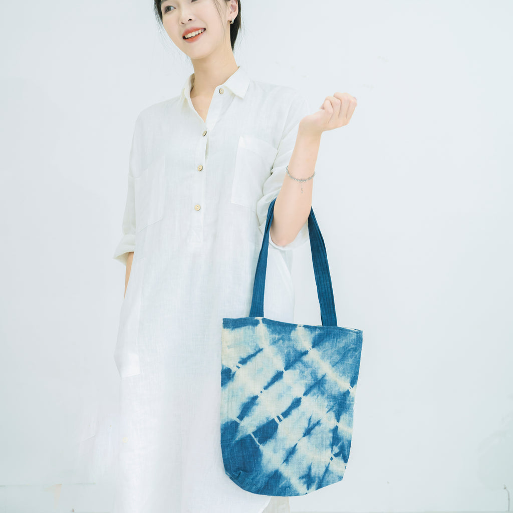 Hmong Indigo Stripe Tote Bag - Hand-Dyed Flow Pattern Brocade - Traditional Hill Tribe Artisan Shoulder Bag