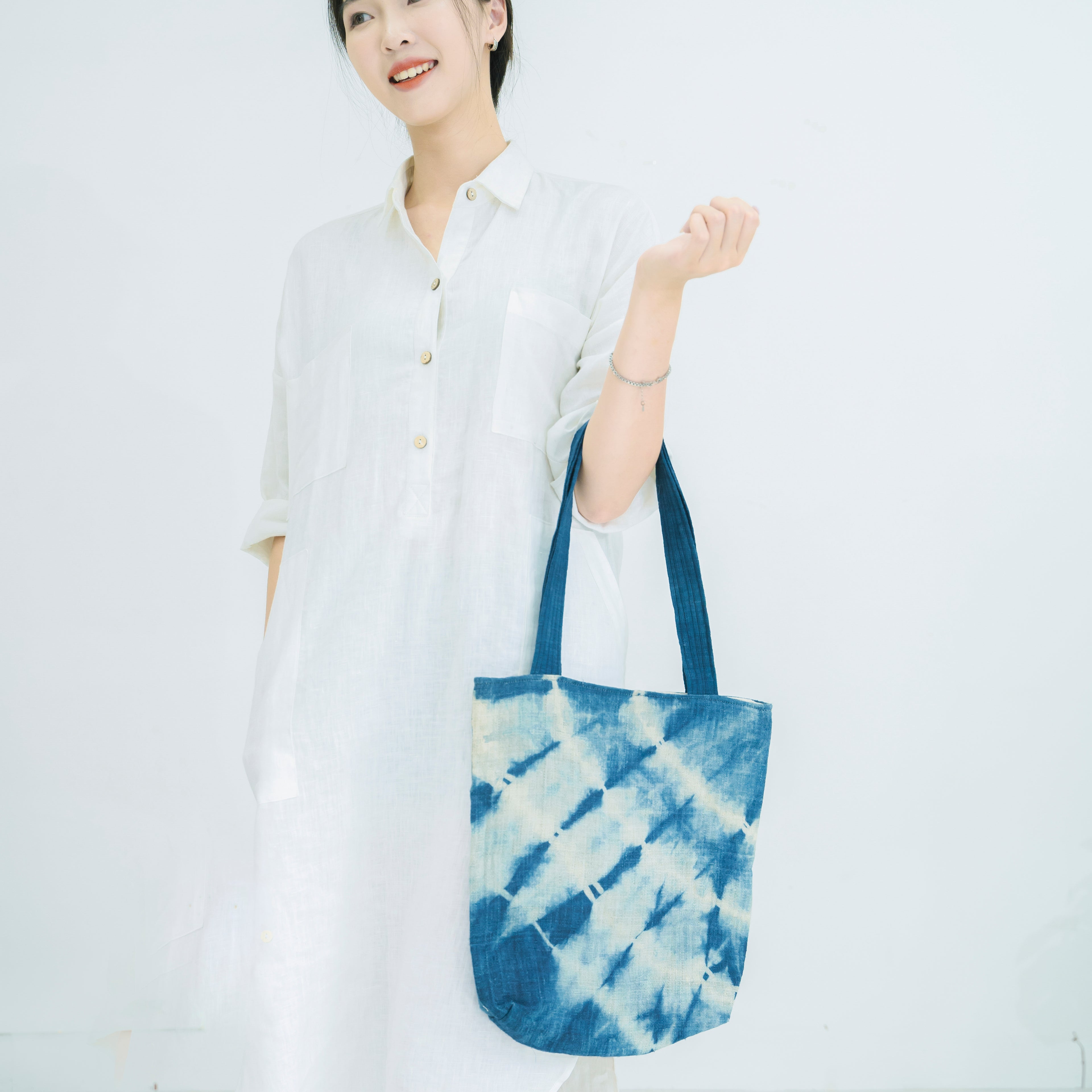 Hmong Indigo Stripe Tote Bag - Hand-Dyed Flow Pattern Brocade - Traditional Hill Tribe Artisan Shoulder Bag