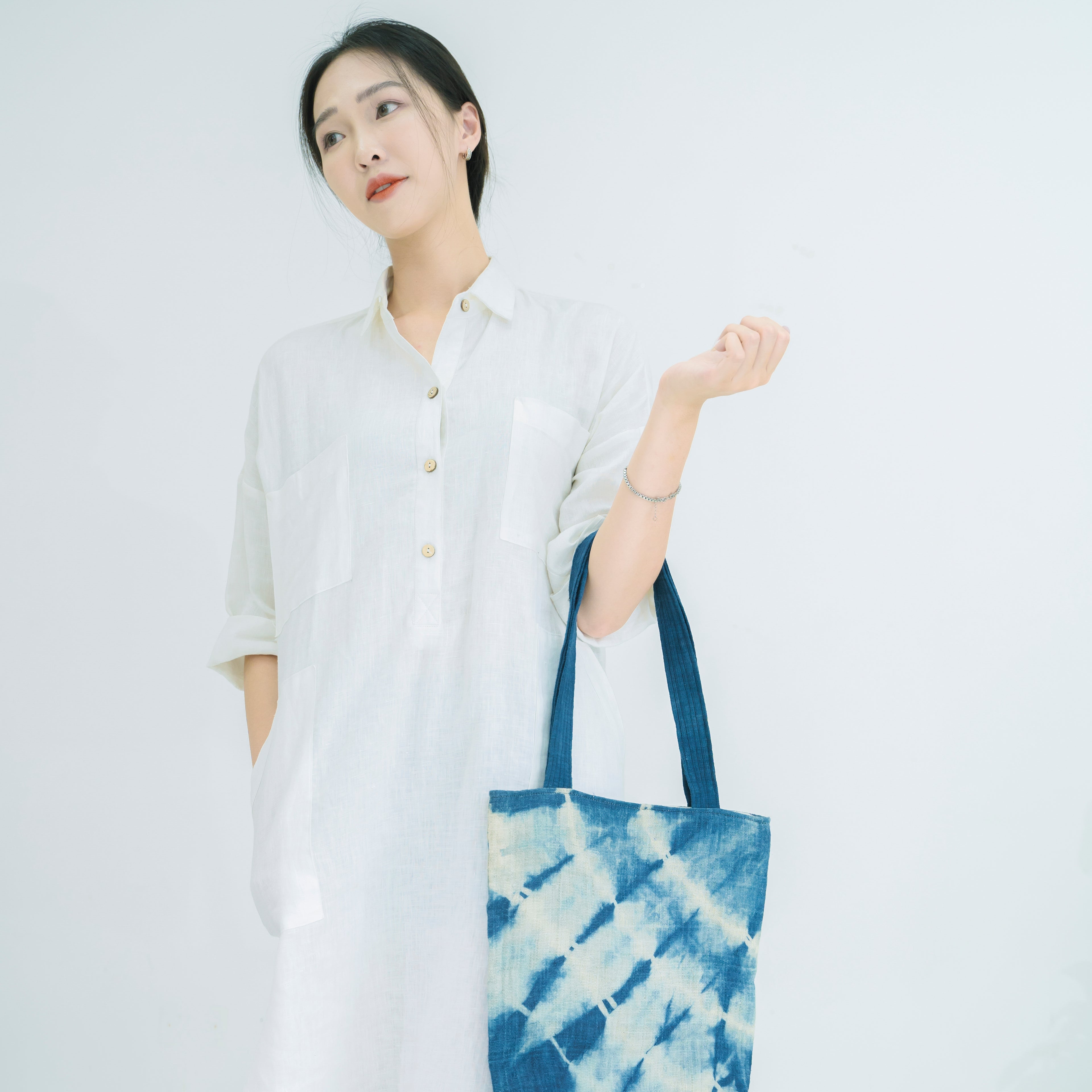 Hmong Indigo Stripe Tote Bag - Hand-Dyed Flow Pattern Brocade - Traditional Hill Tribe Artisan Shoulder Bag
