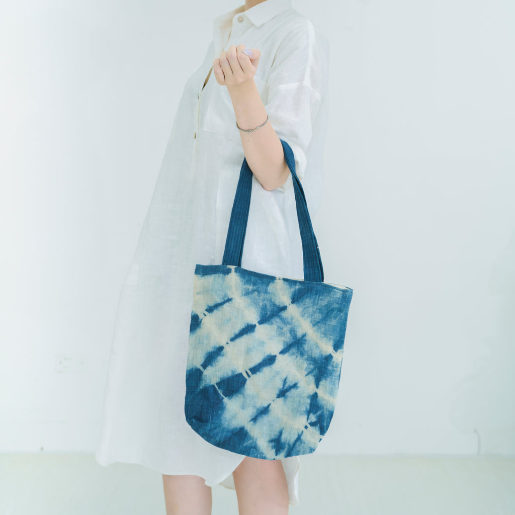 Hmong Indigo Stripe Tote Bag - Hand-Dyed Flow Pattern Brocade - Traditional Hill Tribe Artisan Shoulder Bag