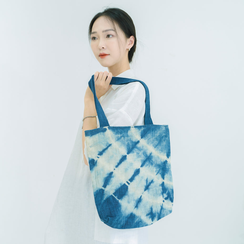Hmong Indigo Stripe Tote Bag - Hand-Dyed Flow Pattern Brocade - Traditional Hill Tribe Artisan Shoulder Bag