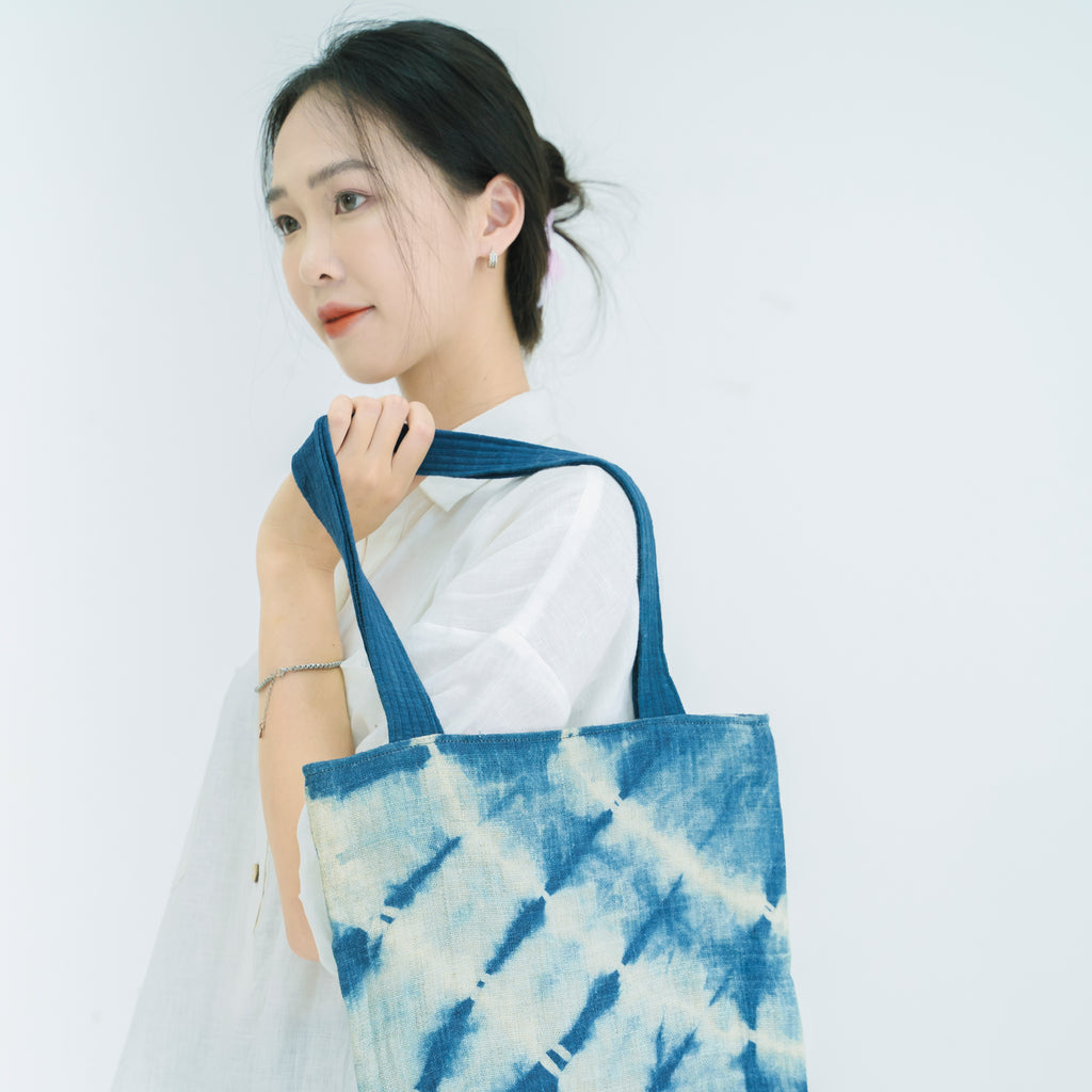 Hmong Indigo Stripe Tote Bag - Hand-Dyed Flow Pattern Brocade - Traditional Hill Tribe Artisan Shoulder Bag