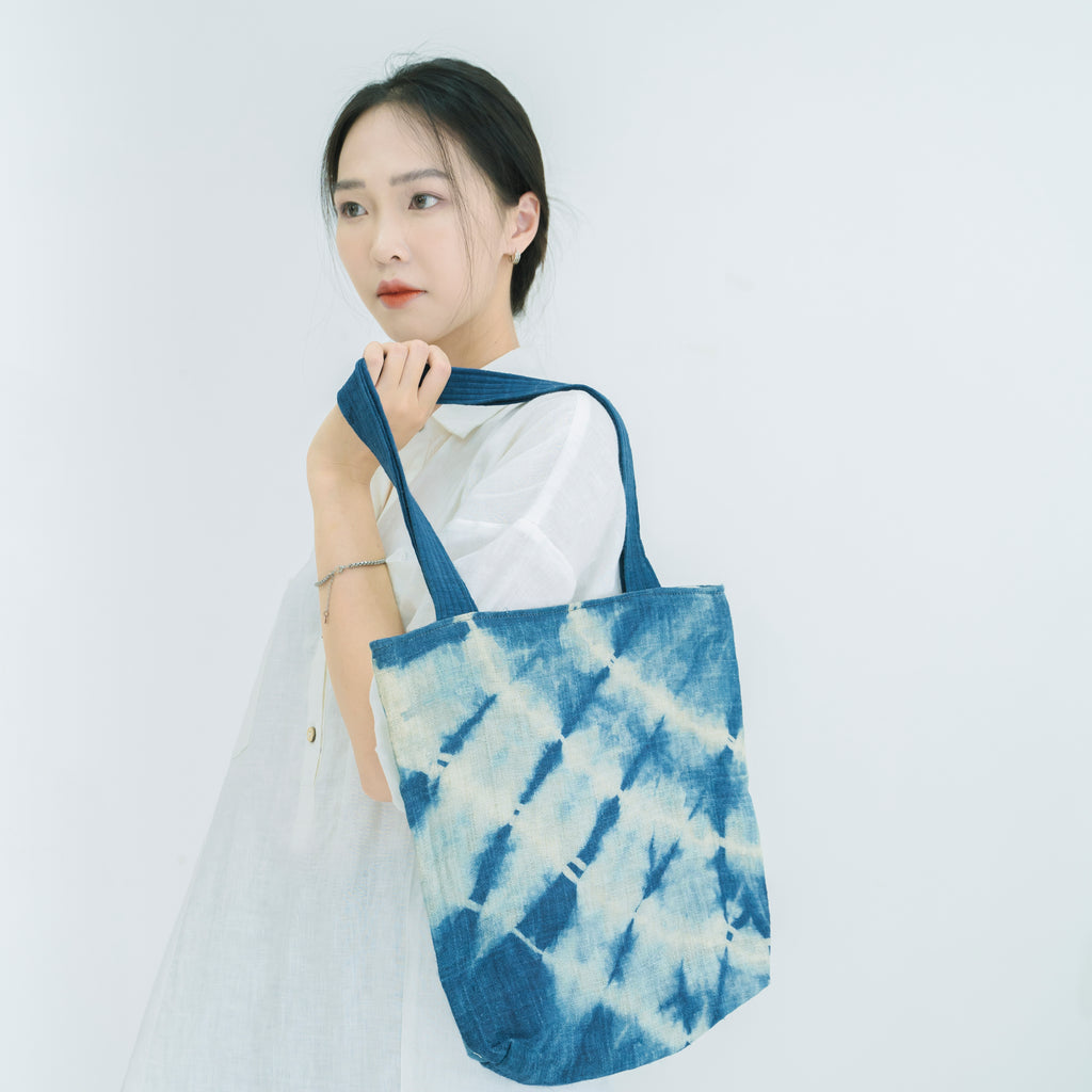 Hmong Indigo Stripe Tote Bag - Hand-Dyed Flow Pattern Brocade - Traditional Hill Tribe Artisan Shoulder Bag