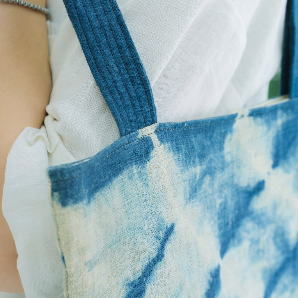 Hmong Indigo Stripe Tote Bag - Hand-Dyed Flow Pattern Brocade - Traditional Hill Tribe Artisan Shoulder Bag