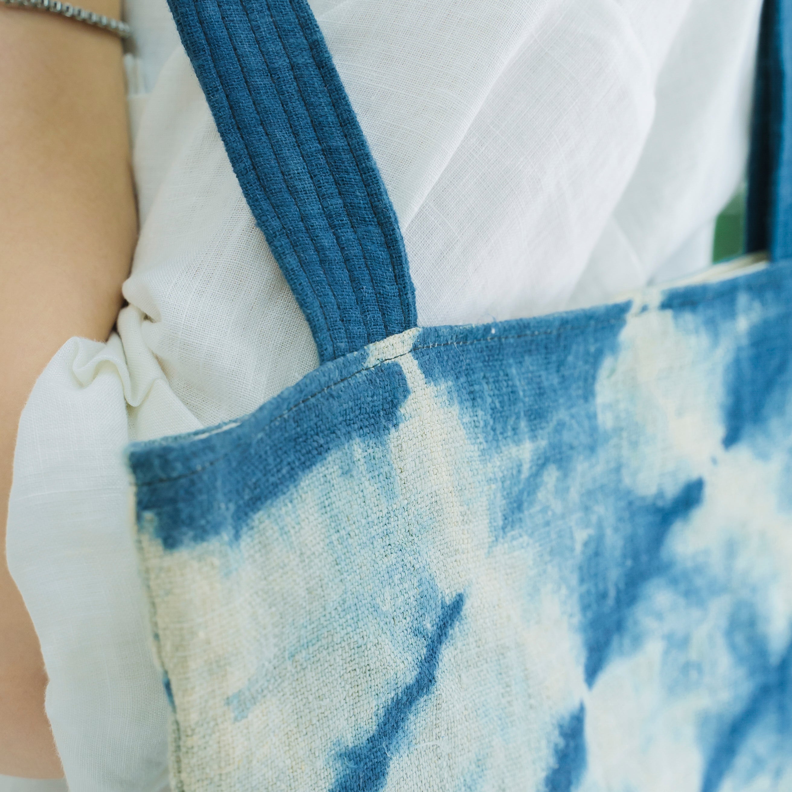 Hmong Indigo Stripe Tote Bag - Hand-Dyed Flow Pattern Brocade - Traditional Hill Tribe Artisan Shoulder Bag