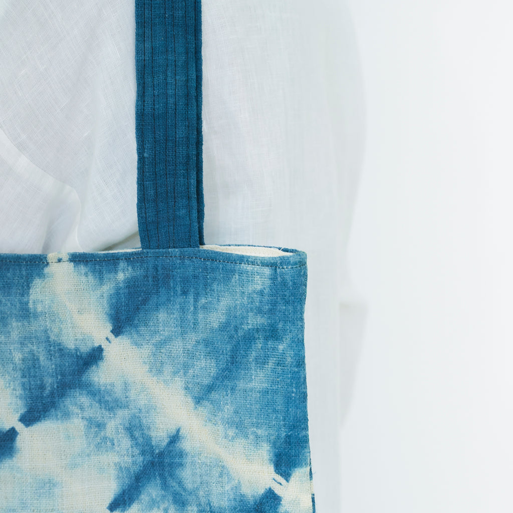 Hmong Indigo Stripe Tote Bag - Hand-Dyed Flow Pattern Brocade - Traditional Hill Tribe Artisan Shoulder Bag