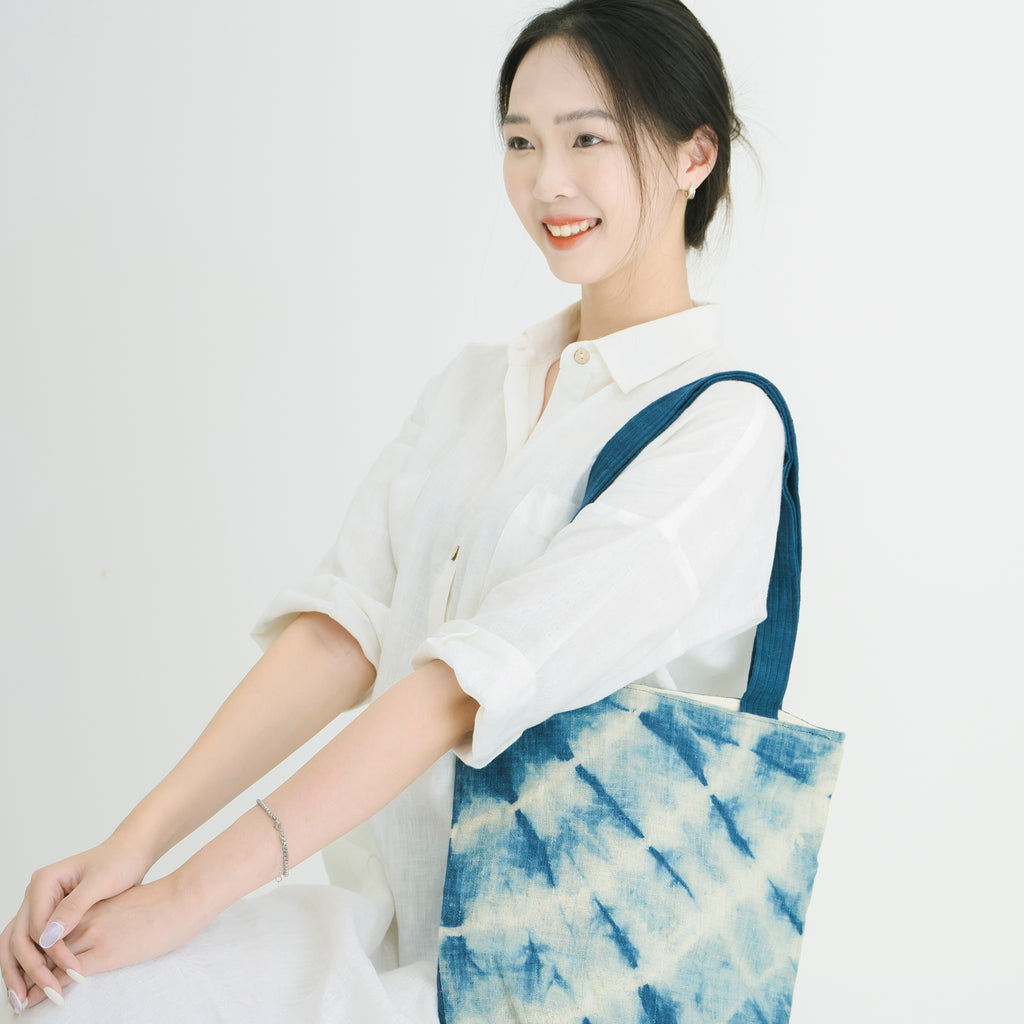 Hmong Indigo Stripe Tote Bag - Hand-Dyed Flow Pattern Brocade - Traditional Hill Tribe Artisan Shoulder Bag