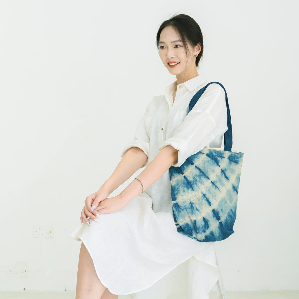 Hmong Indigo Stripe Tote Bag - Hand-Dyed Flow Pattern Brocade - Traditional Hill Tribe Artisan Shoulder Bag