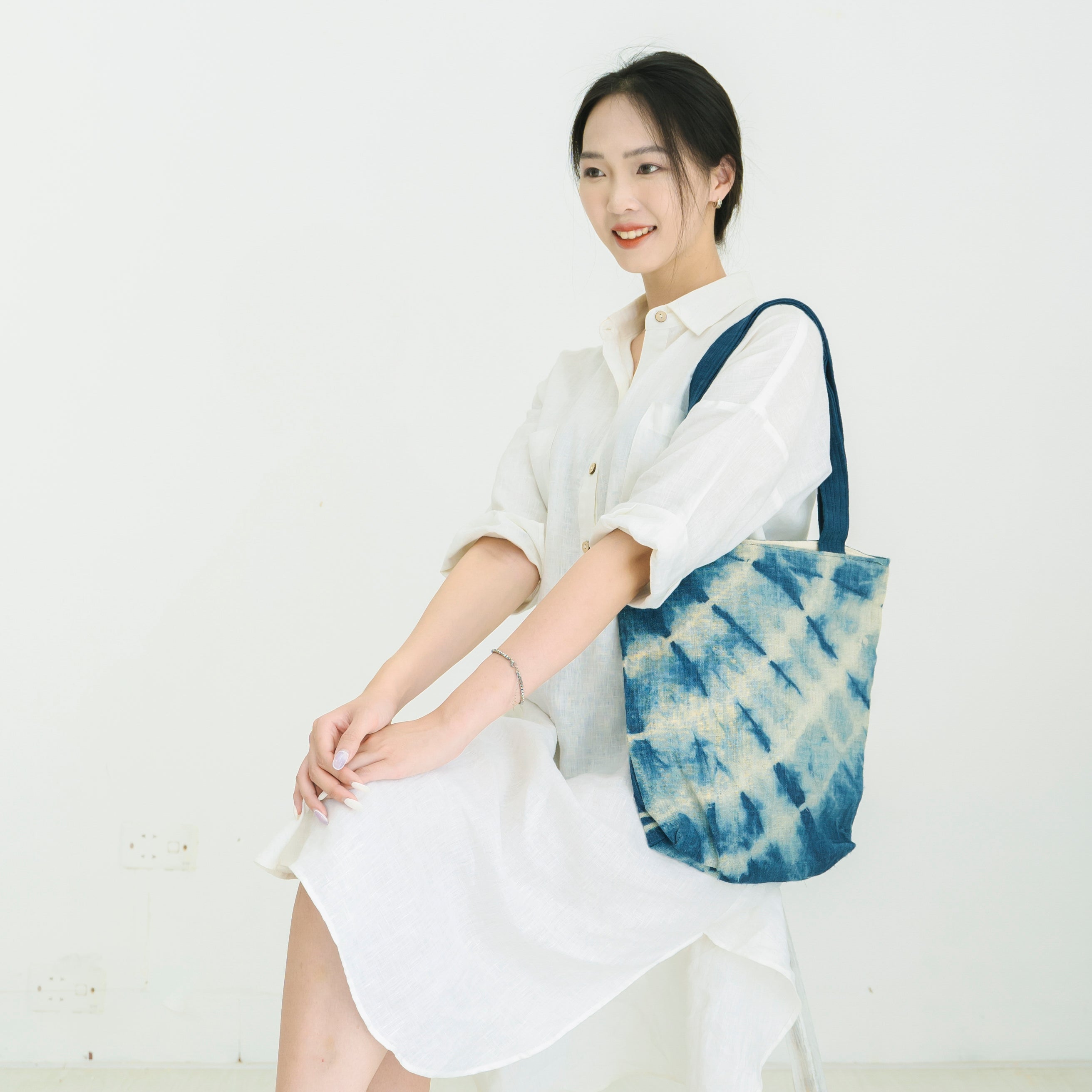 Hmong Indigo Stripe Tote Bag - Hand-Dyed Flow Pattern Brocade - Traditional Hill Tribe Artisan Shoulder Bag