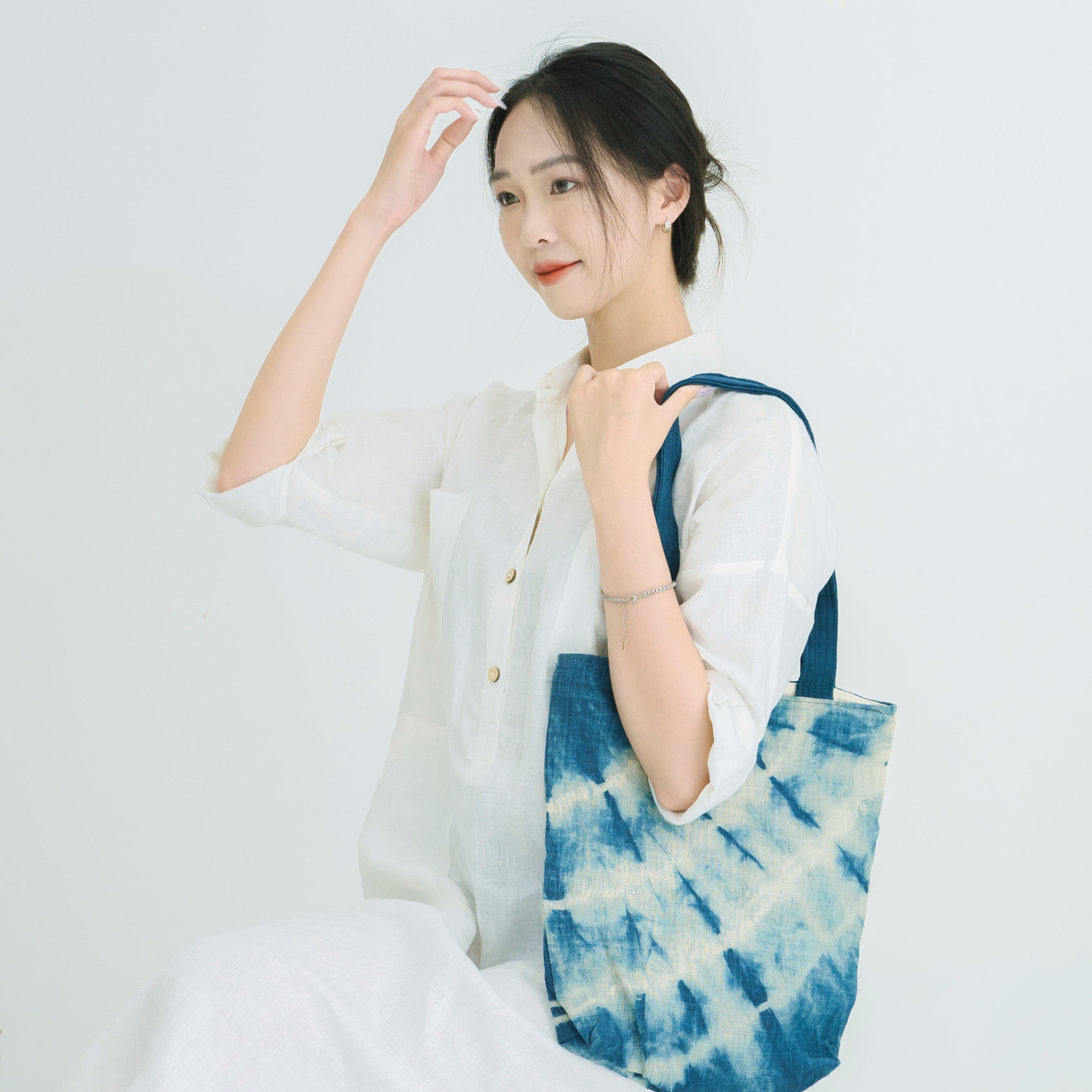 Hmong Indigo Stripe Tote Bag - Hand-Dyed Flow Pattern Brocade - Traditional Hill Tribe Artisan Shoulder Bag
