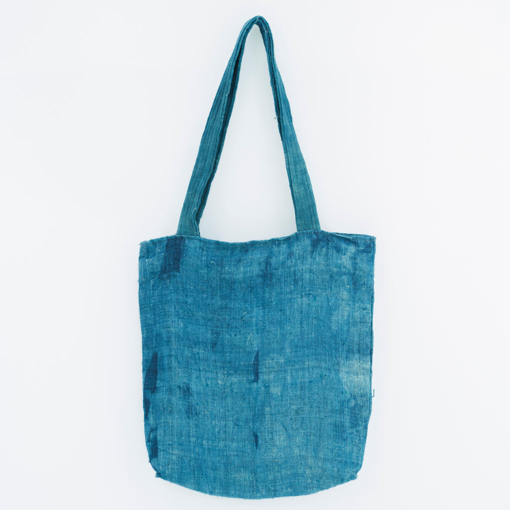 Hmong Natural Indigo Tote Bag - Minimalist Brocade Design - Traditional Hill Tribe Artisan Shoulder Bag