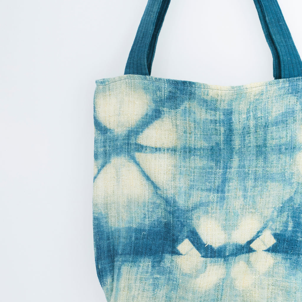 Indigo Bloom Hmong Tote Bag - Hand-Dyed Batik Brocade - Artisan Hill Tribe Shoulder Bag