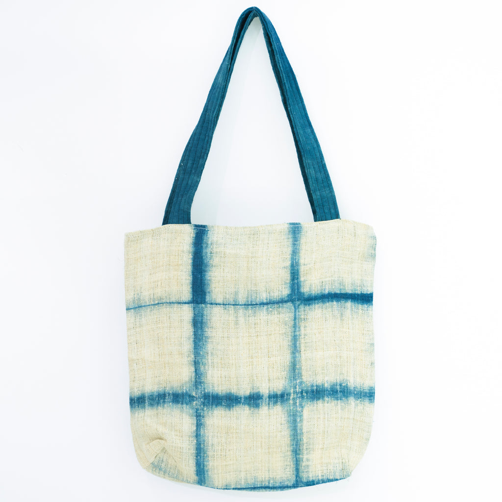 Handcrafted Indigo Grid Tote Bag - Hmong Shibori Pattern Hand-Dyed Brocade Shoulder Bag