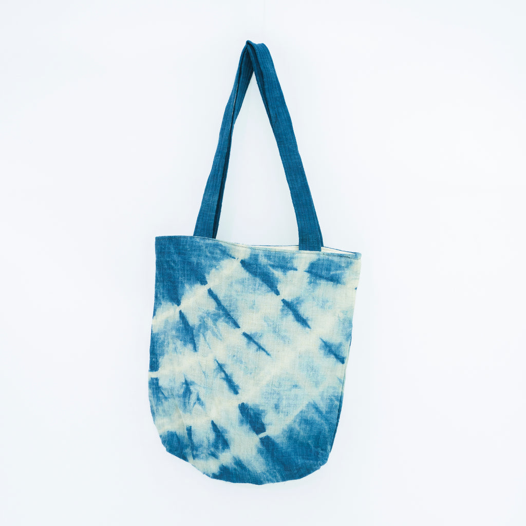 Hmong Indigo Stripe Tote Bag - Hand-Dyed Flow Pattern Brocade - Traditional Hill Tribe Artisan Shoulder Bag