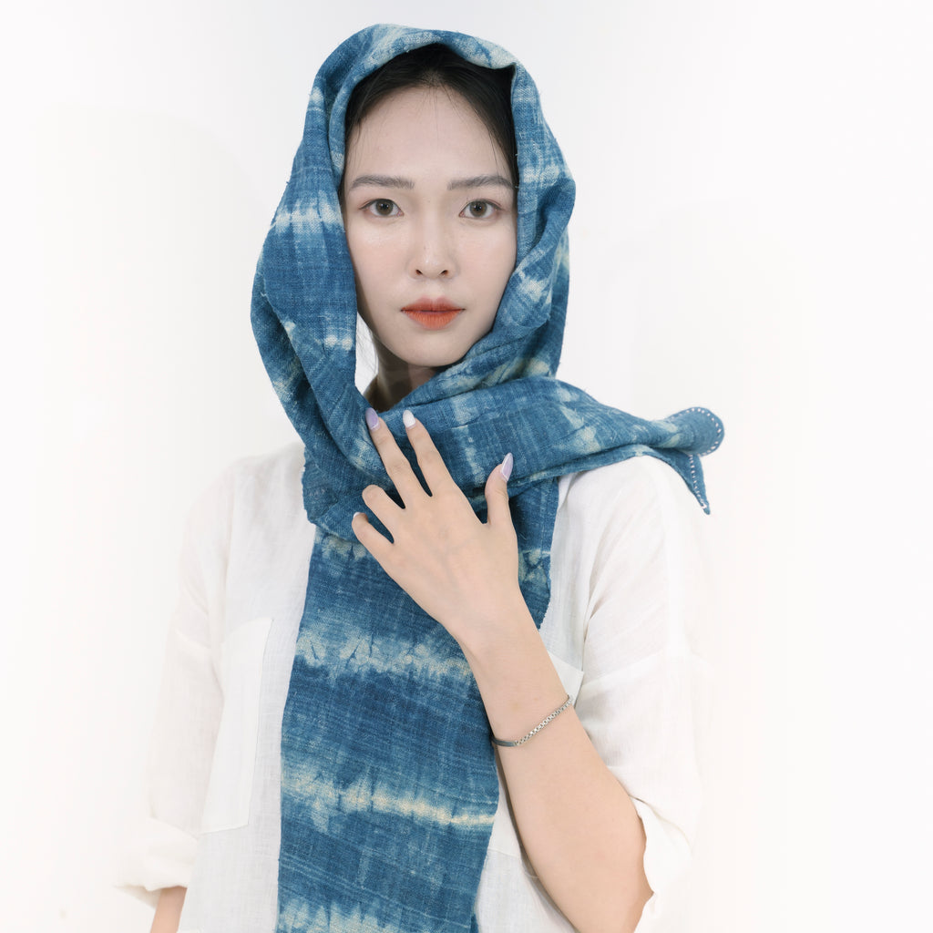 Hmong Wave Pattern Indigo Scarf - Hand-Dyed Brocade Shawl - One-of-a-Kind Hill Tribe Artisan Wrap