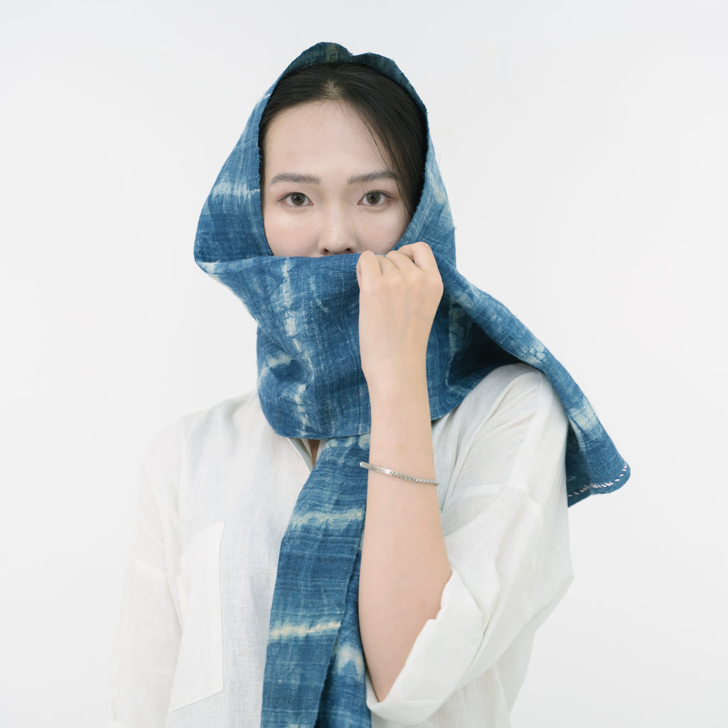 Hmong Wave Pattern Indigo Scarf - Hand-Dyed Brocade Shawl - One-of-a-Kind Hill Tribe Artisan Wrap