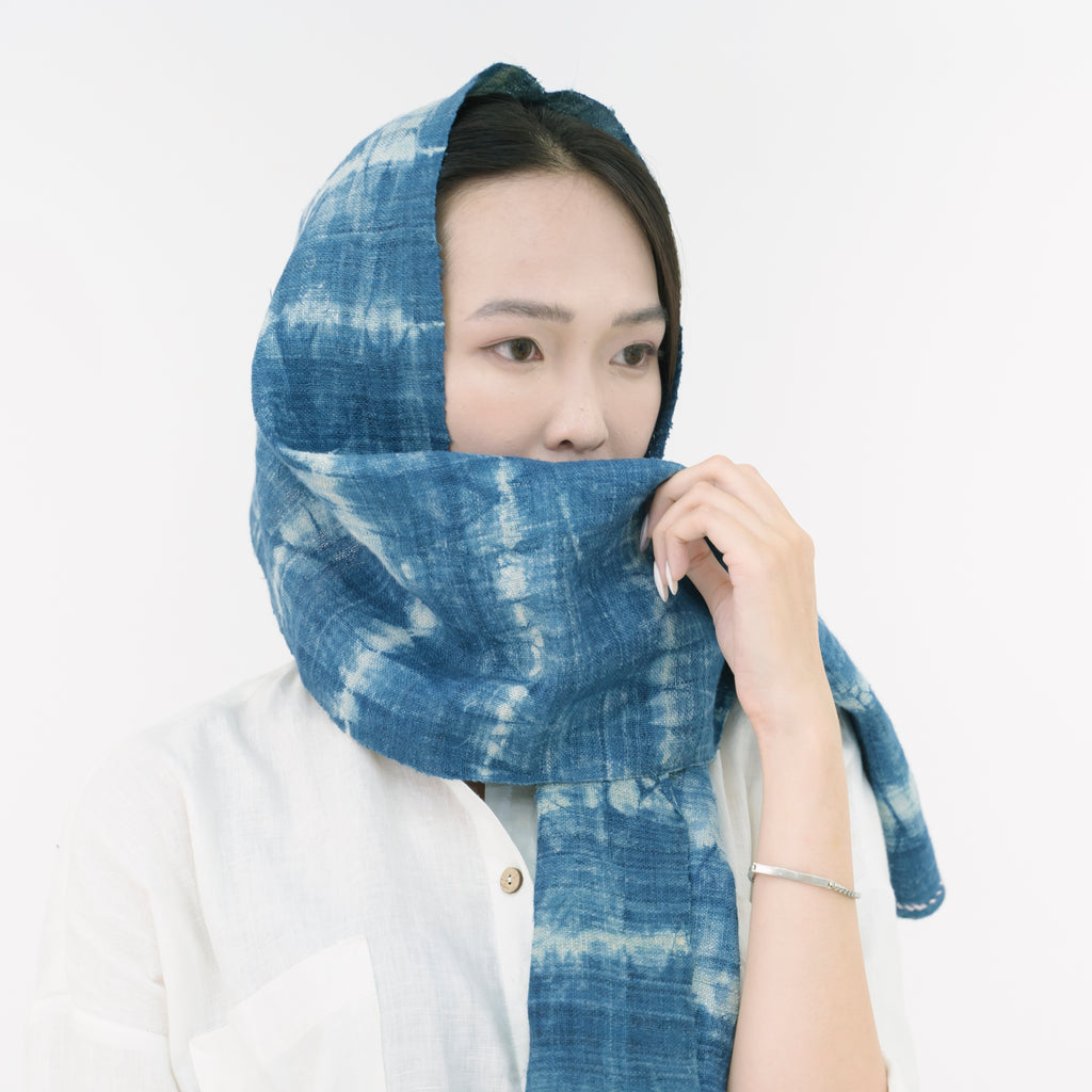 Hmong Wave Pattern Indigo Scarf - Hand-Dyed Brocade Shawl - One-of-a-Kind Hill Tribe Artisan Wrap
