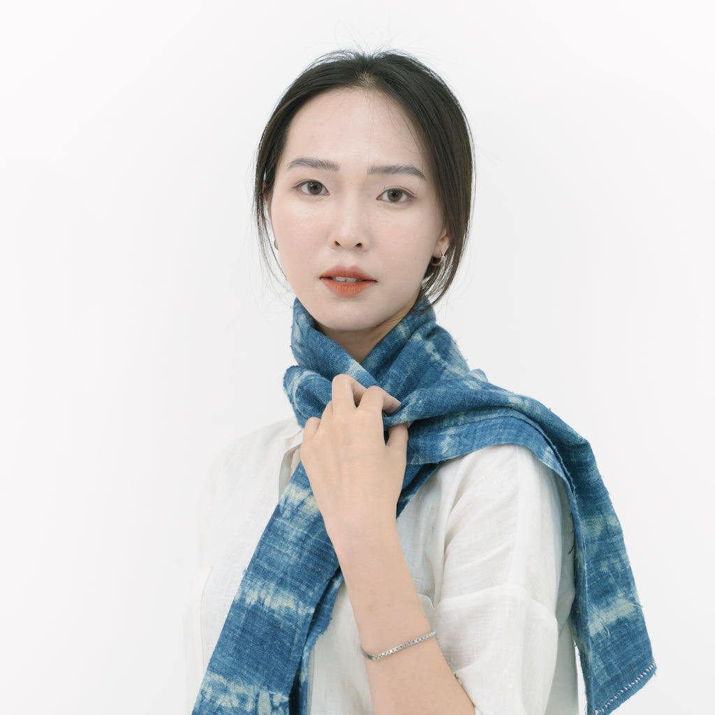 Hmong Wave Pattern Indigo Scarf - Hand-Dyed Brocade Shawl - One-of-a-Kind Hill Tribe Artisan Wrap