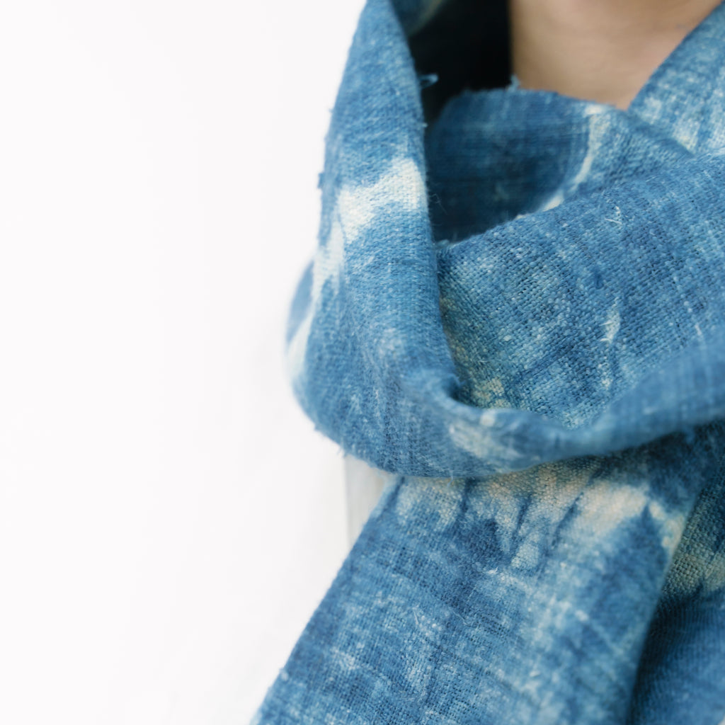 Hmong Wave Pattern Indigo Scarf - Hand-Dyed Brocade Shawl - One-of-a-Kind Hill Tribe Artisan Wrap