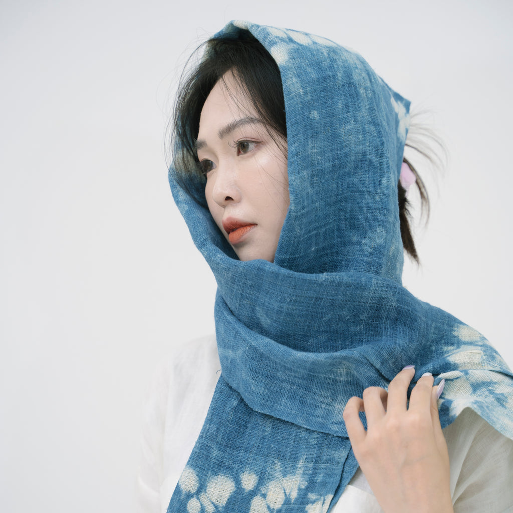 Hmong Free-Form Splash Indigo Scarf - Hand-Dyed Natural Fiber Brocade Shawl - One-of-a-Kind Hill Tribe Artisan Wrap