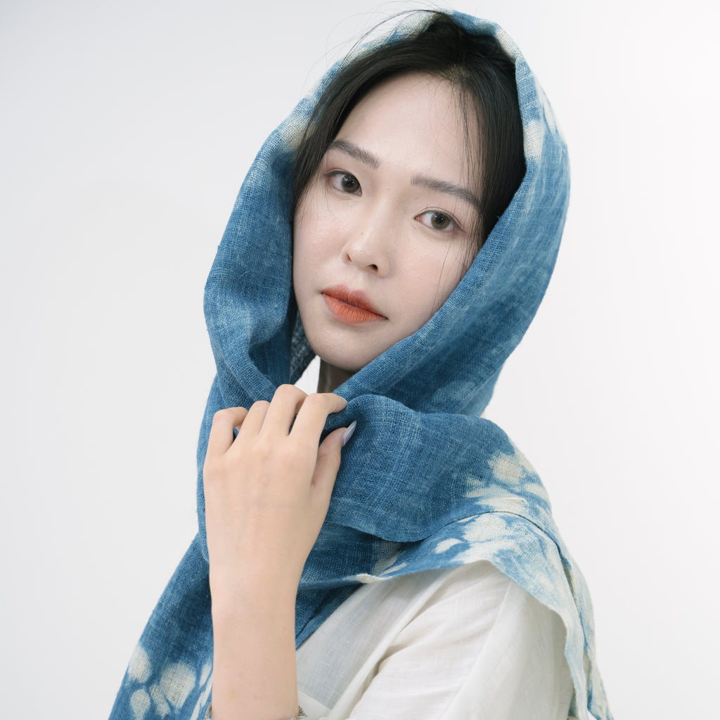 Hmong Free-Form Splash Indigo Scarf - Hand-Dyed Natural Fiber Brocade Shawl - One-of-a-Kind Hill Tribe Artisan Wrap