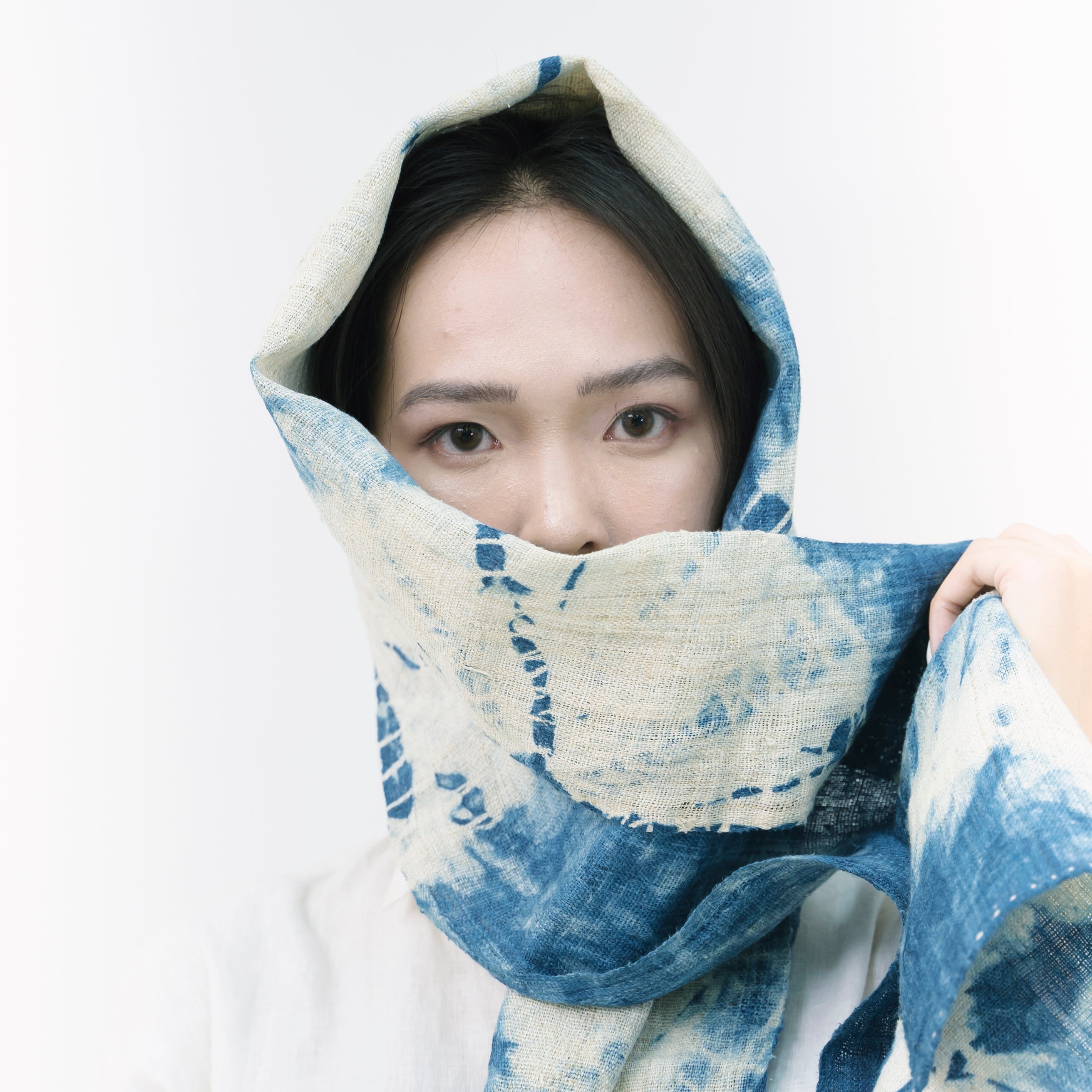 Hmong Sunburst Tie-Dye Indigo Scarf - Hand-Dyed Natural Brocade Shawl - One-of-a-Kind Hill Tribe Artisan Wrap