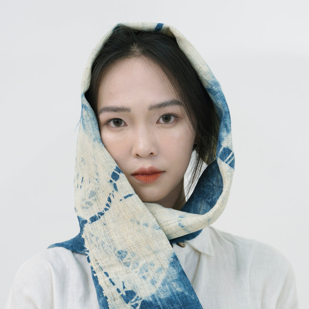Hmong Sunburst Tie-Dye Indigo Scarf - Hand-Dyed Natural Brocade Shawl - One-of-a-Kind Hill Tribe Artisan Wrap