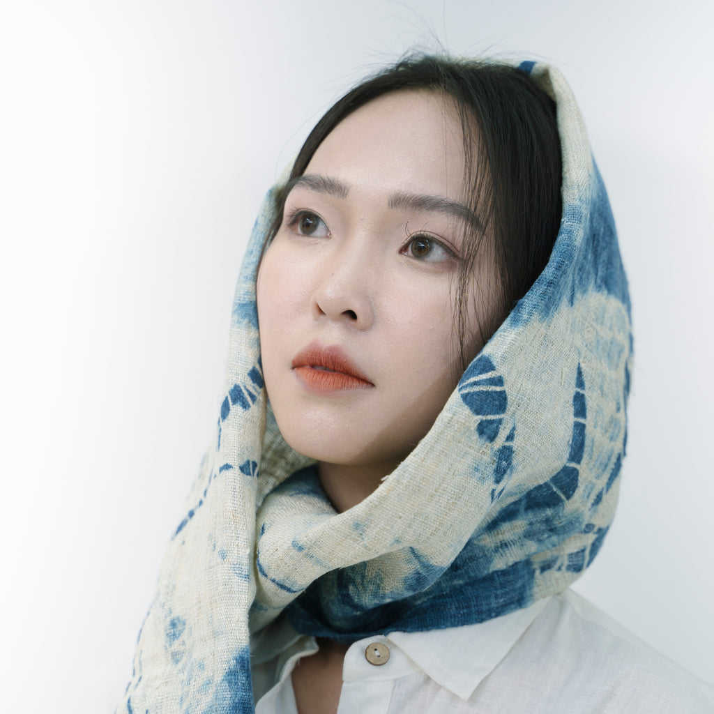 Hmong Sunburst Tie-Dye Indigo Scarf - Hand-Dyed Natural Brocade Shawl - One-of-a-Kind Hill Tribe Artisan Wrap