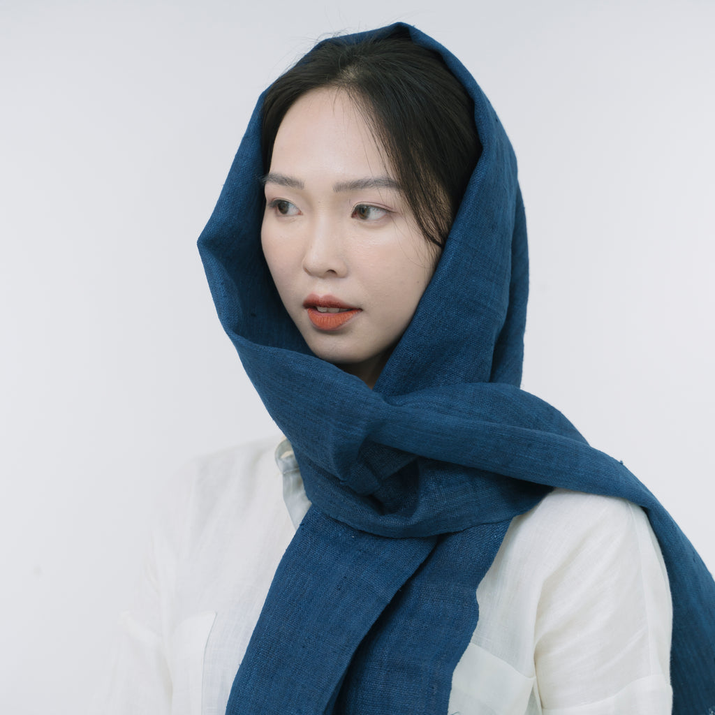 Hmong Solid Indigo Natural Linen Scarf - Hand-Dyed Minimalist Brocade Shawl - Hill Tribe Artisan Wrap