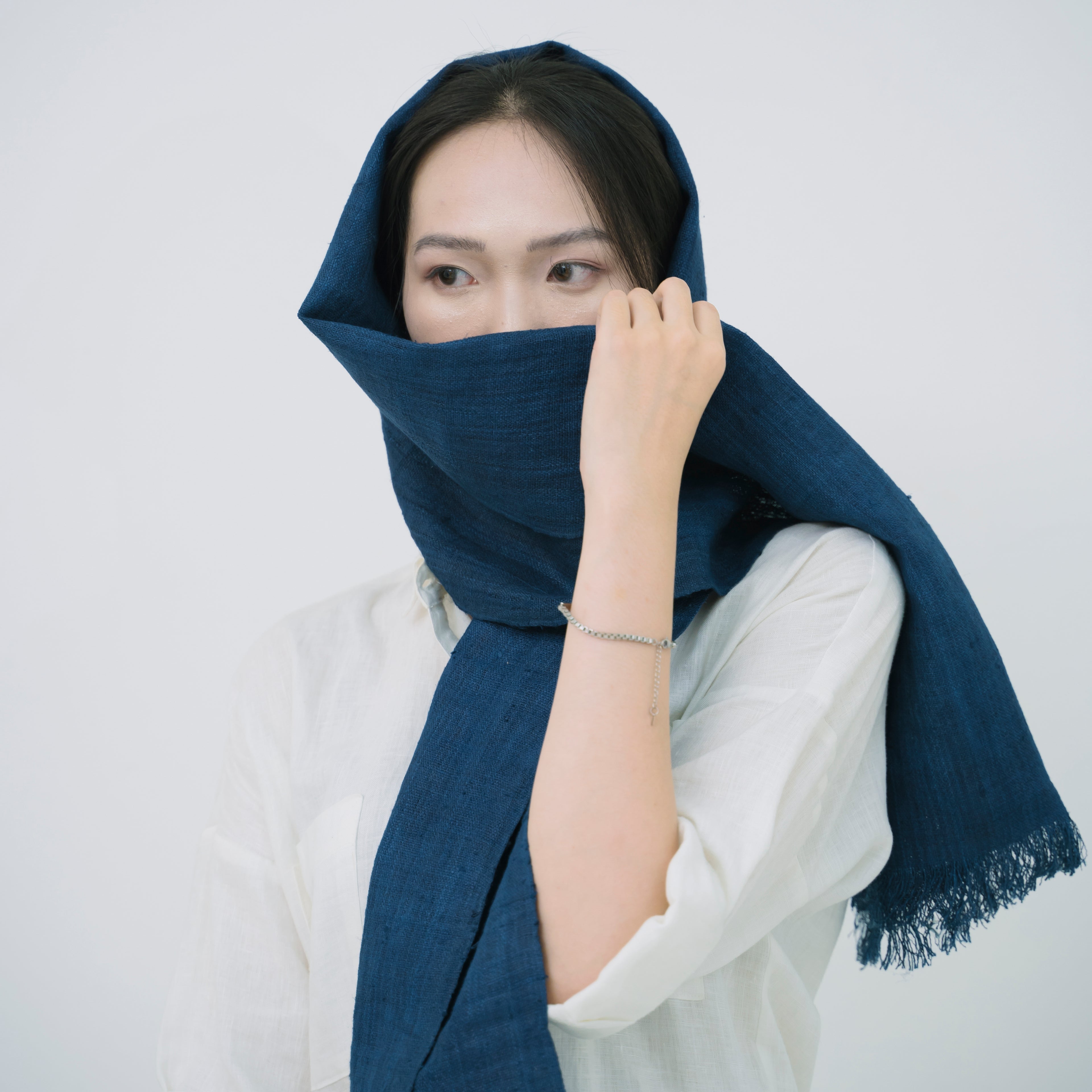 Hmong Solid Indigo Natural Linen Scarf - Hand-Dyed Minimalist Brocade Shawl - Hill Tribe Artisan Wrap
