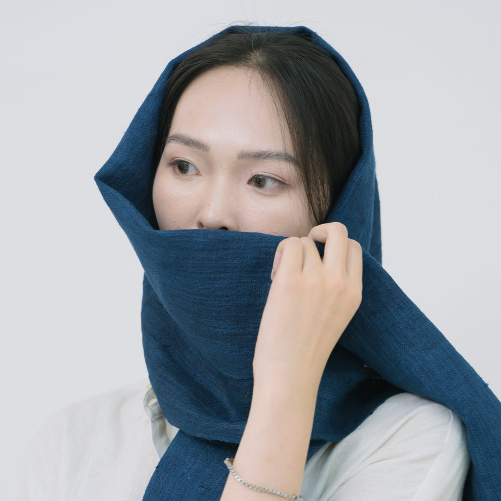 Hmong Solid Indigo Natural Linen Scarf - Hand-Dyed Minimalist Brocade Shawl - Hill Tribe Artisan Wrap