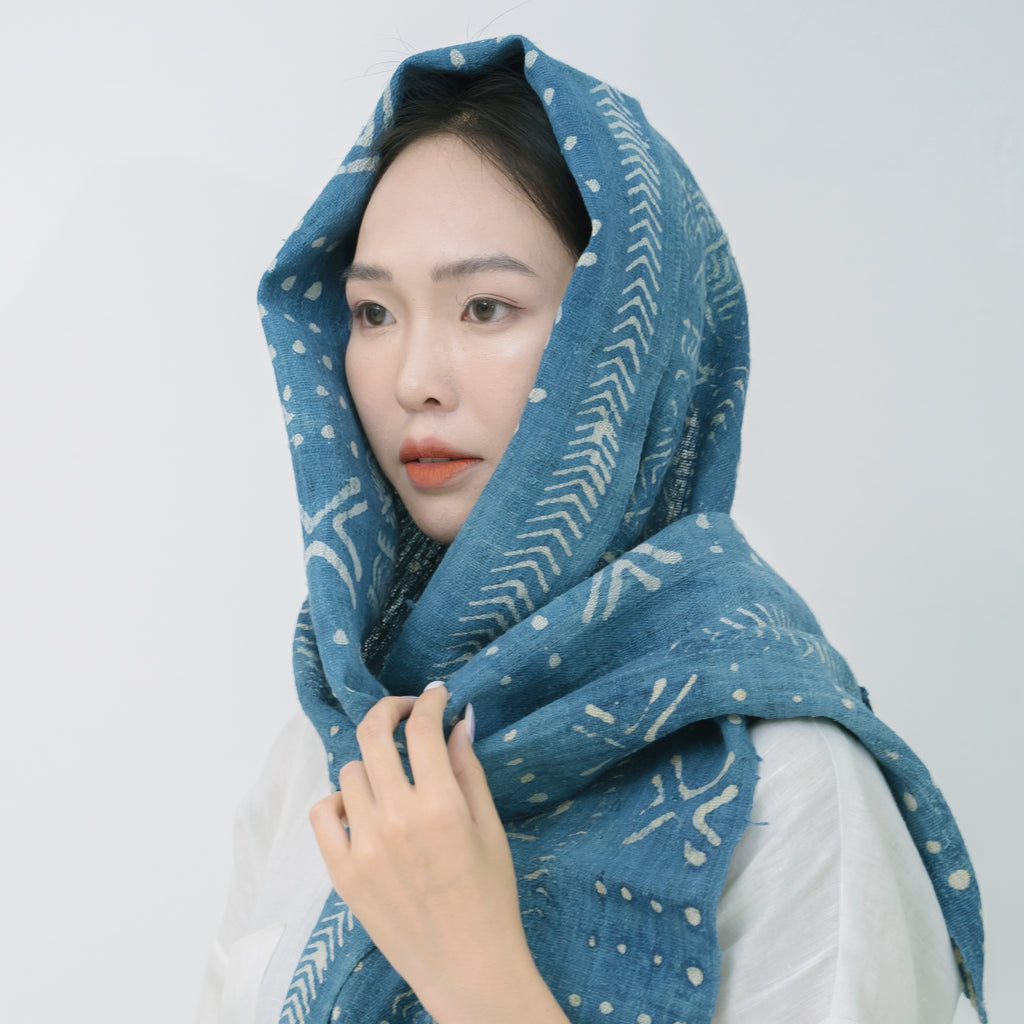 Hmong Beeswax Batik Indigo Scarf - Hand-Drawn Cotton Brocade Shawl - One-of-a-Kind Hill Tribe Artisan Wrap