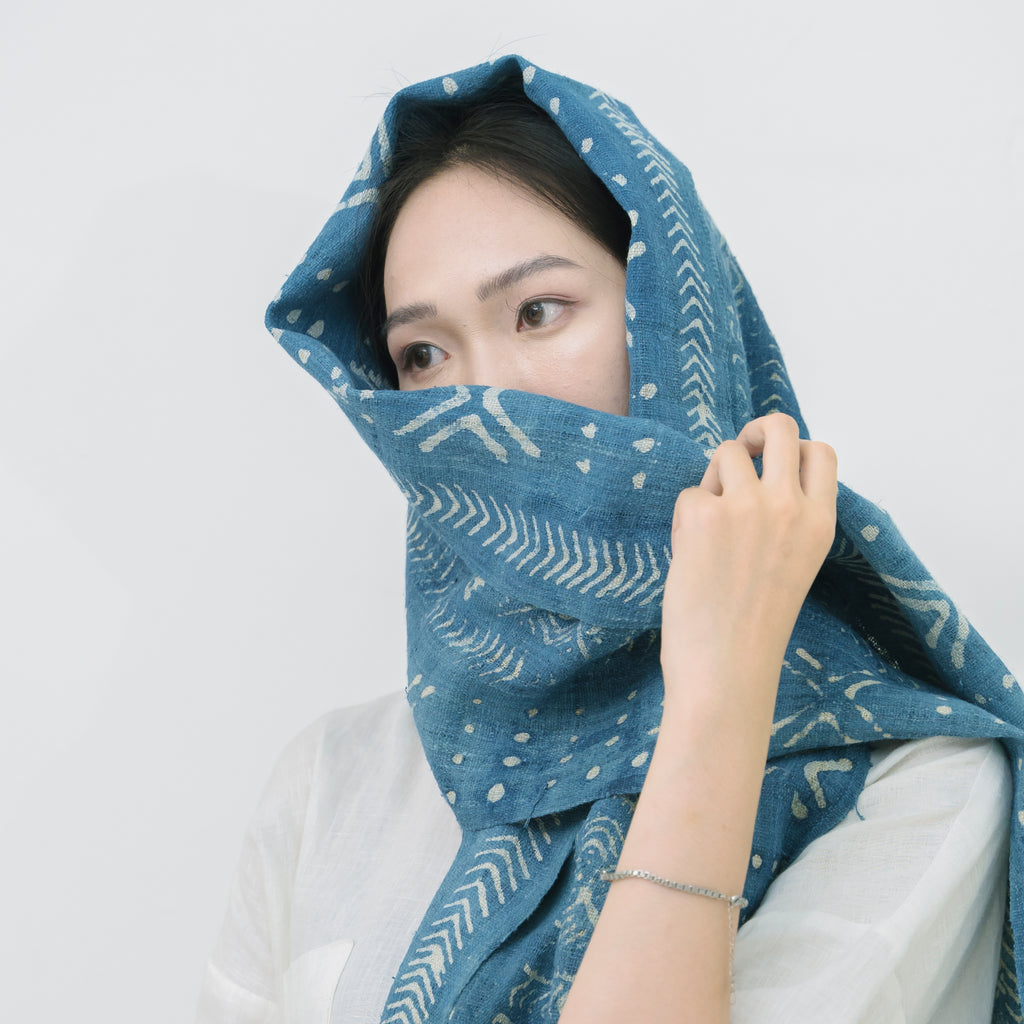 Hmong Beeswax Batik Indigo Scarf - Hand-Drawn Cotton Brocade Shawl - One-of-a-Kind Hill Tribe Artisan Wrap
