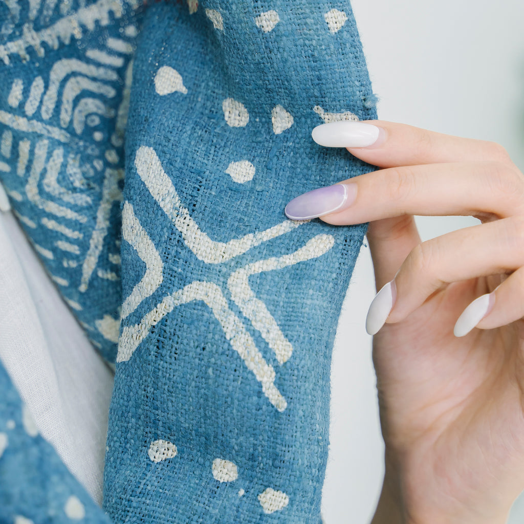 Hmong Beeswax Batik Indigo Scarf - Hand-Drawn Cotton Brocade Shawl - One-of-a-Kind Hill Tribe Artisan Wrap
