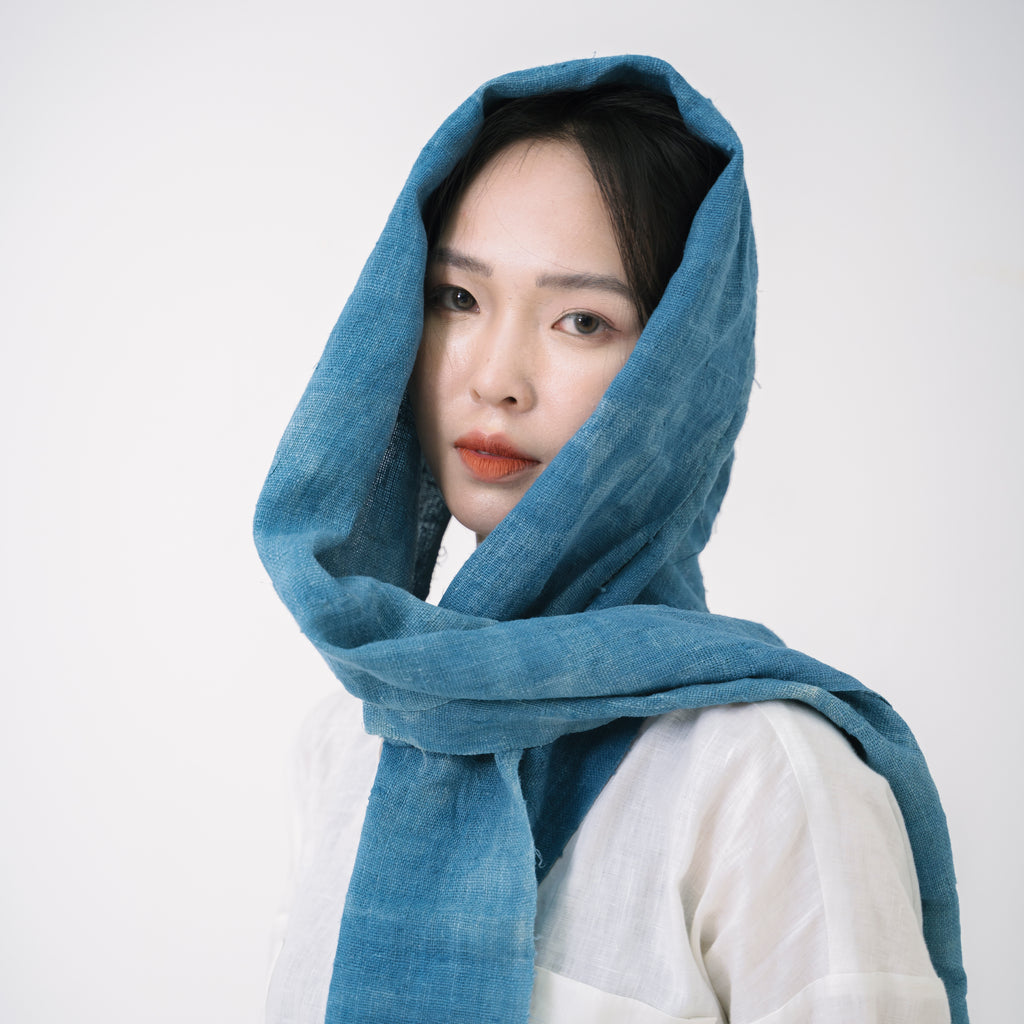 Hmong Marble Pattern Indigo Scarf - Subtle Hand-Dyed Natural Brocade Shawl - Hill Tribe Artisan Lightweight Wrap