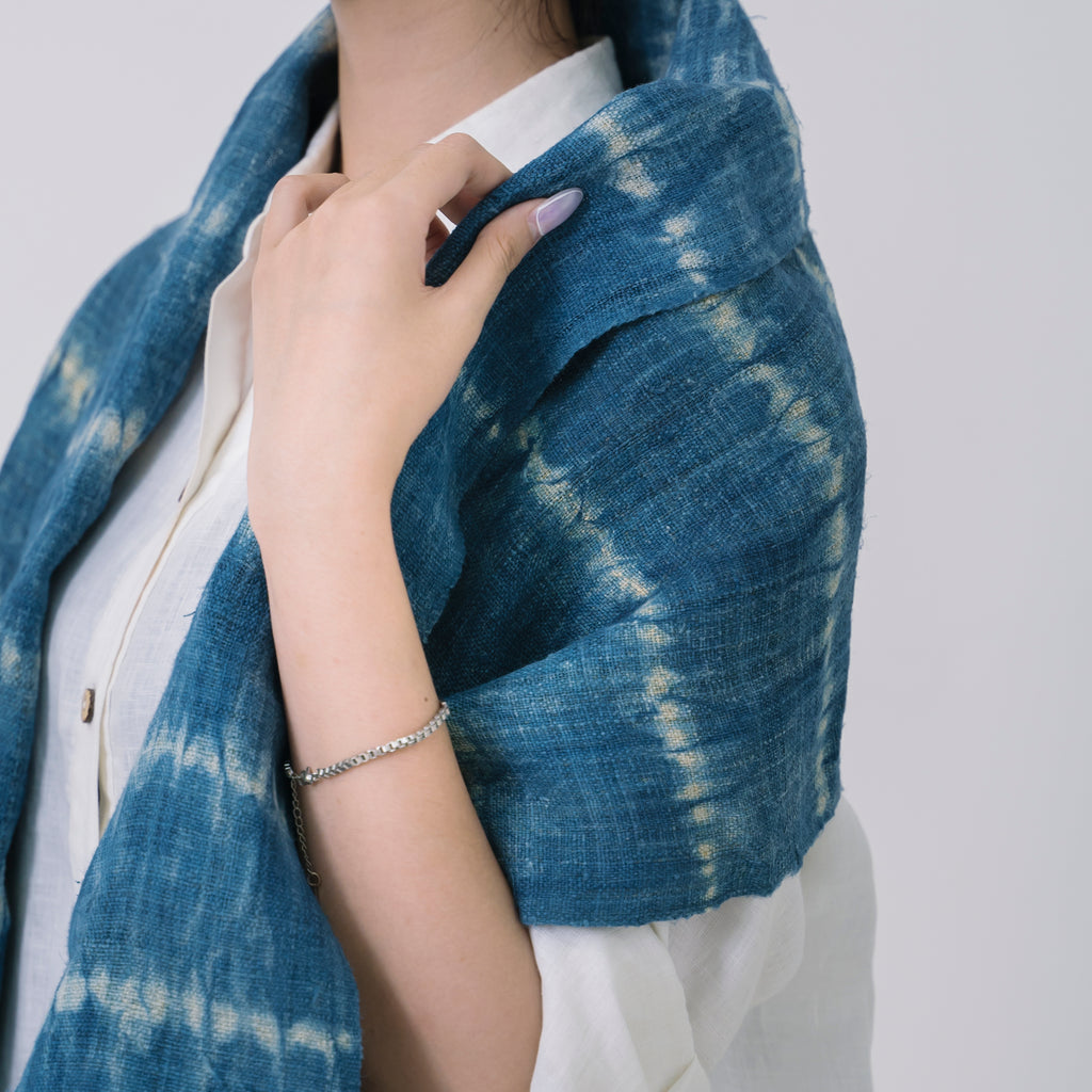 Hmong Horizontal Stripe Indigo Linen Scarf - Hand-Dyed Ethnic Brocade Shawl - Hill Tribe Artisan Wrap