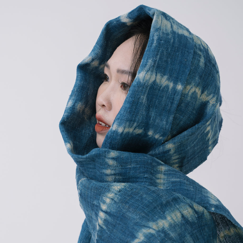 Hmong Horizontal Stripe Indigo Linen Scarf - Hand-Dyed Ethnic Brocade Shawl - Hill Tribe Artisan Wrap