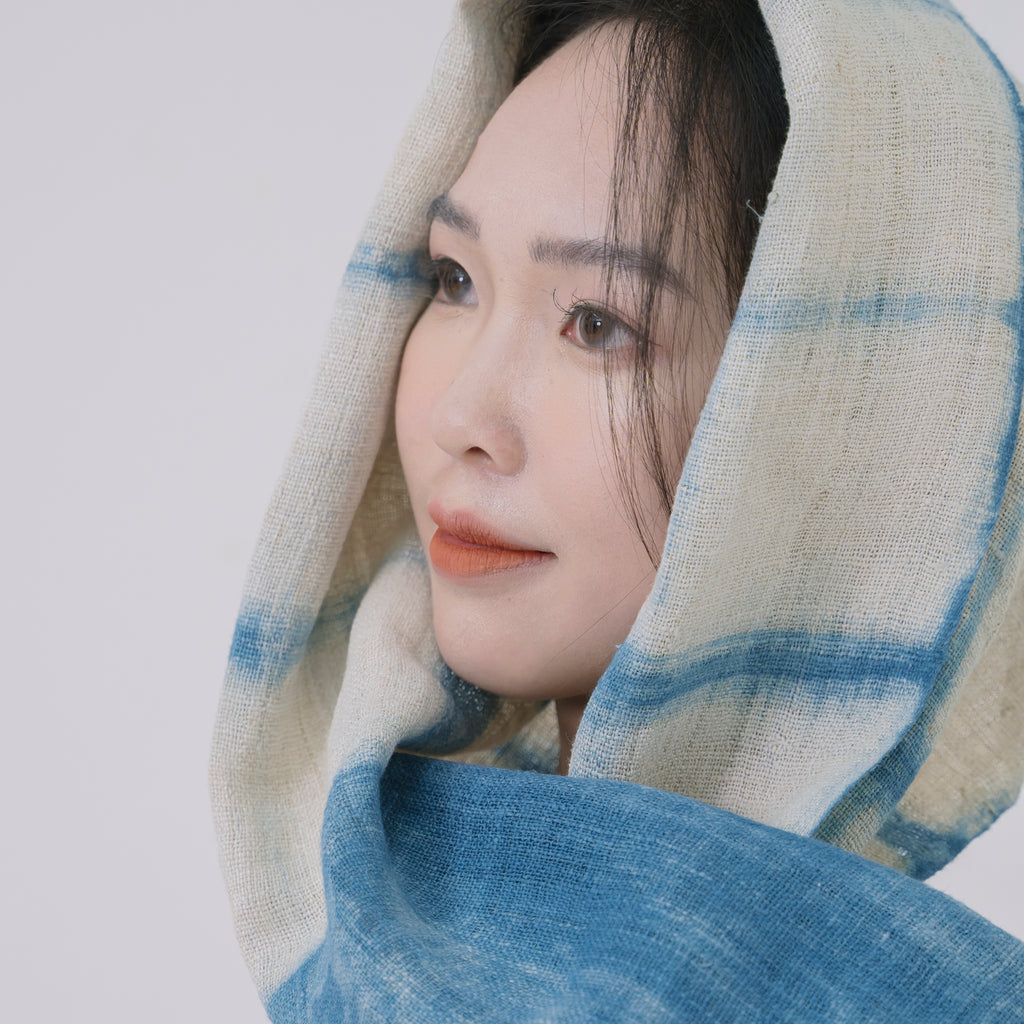 Hmong Grid & Marble Indigo Scarf - Hand-Dyed Dual Pattern Natural Brocade Shawl - Hill Tribe Artisan Wrap