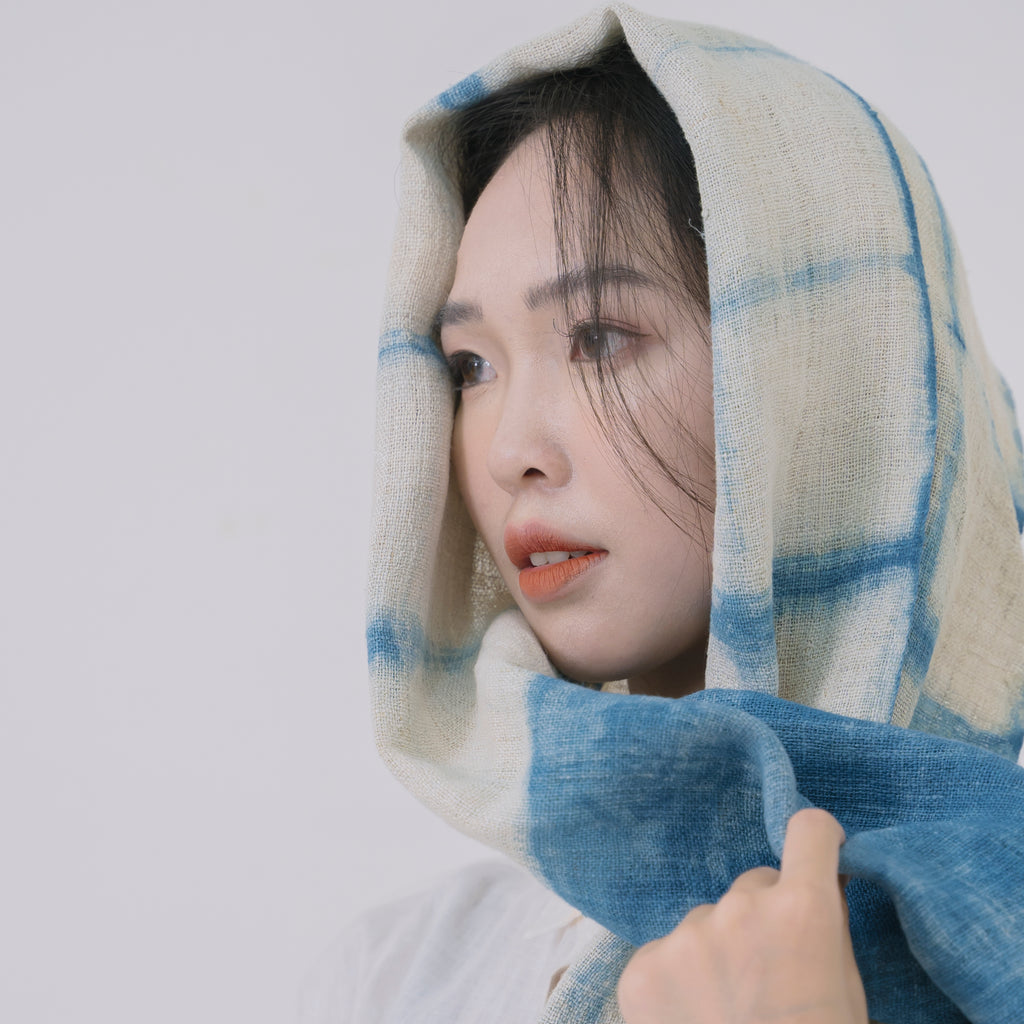 Hmong Grid & Marble Indigo Scarf - Hand-Dyed Dual Pattern Natural Brocade Shawl - Hill Tribe Artisan Wrap