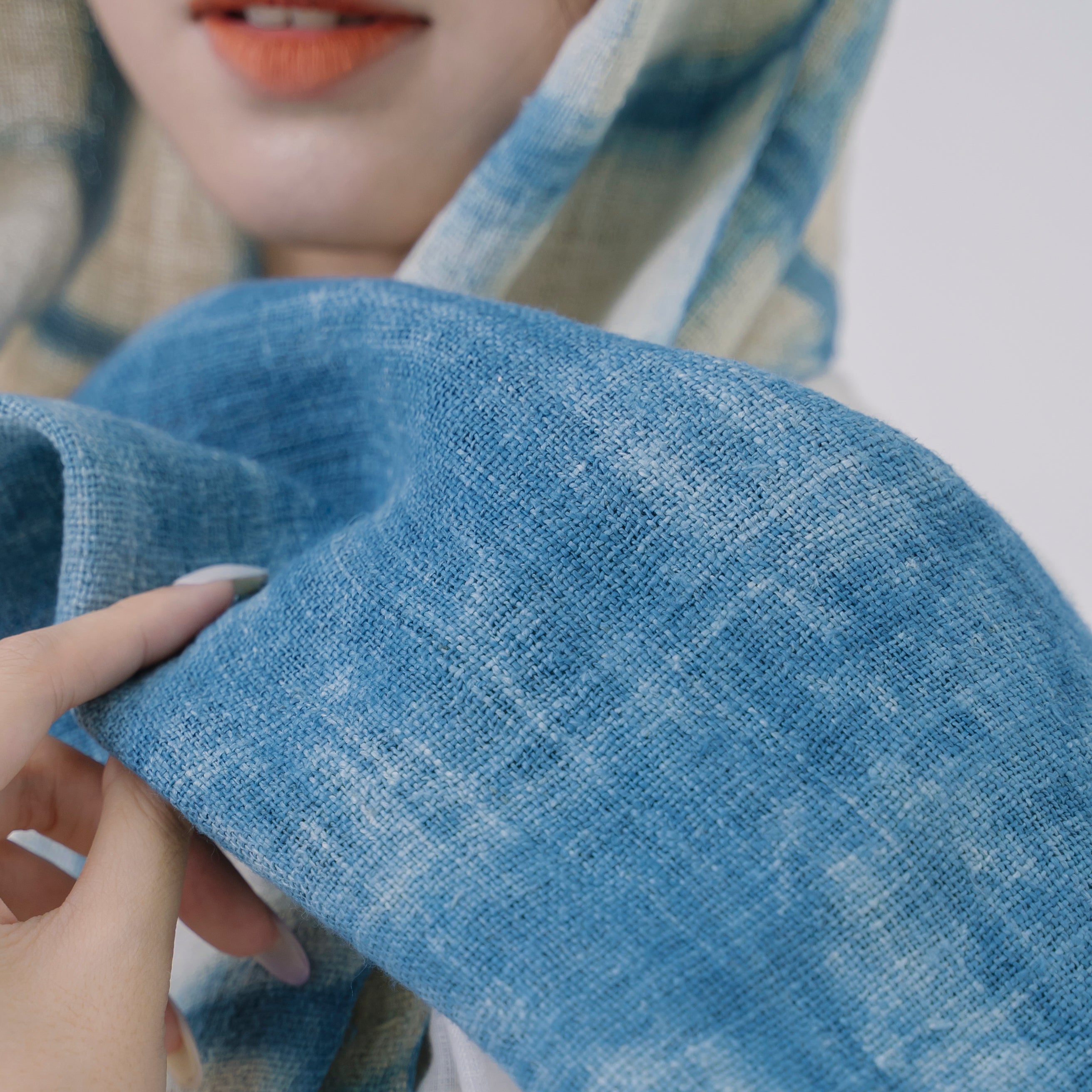 Hmong Grid & Marble Indigo Scarf - Hand-Dyed Dual Pattern Natural Brocade Shawl - Hill Tribe Artisan Wrap