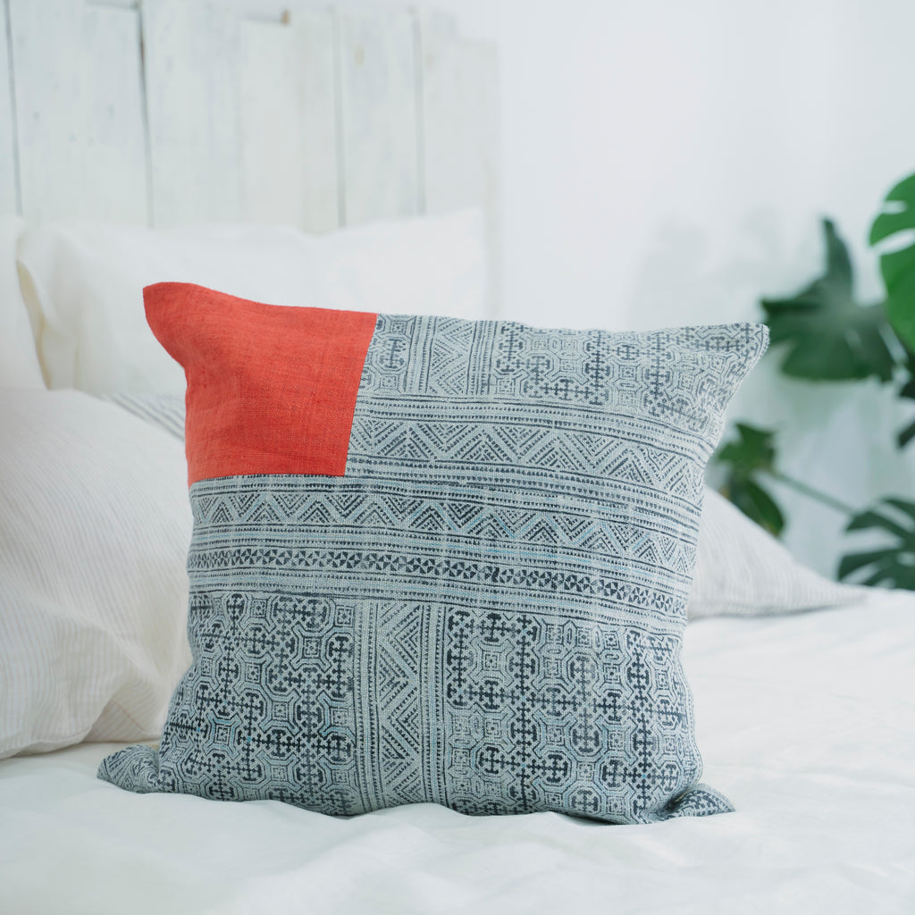 Hmong Red Patchwork Batik Pillow Cover - Hand-Drawn Beeswax Brocade - One-of-a-Kind Hill Tribe Artisan Cushion