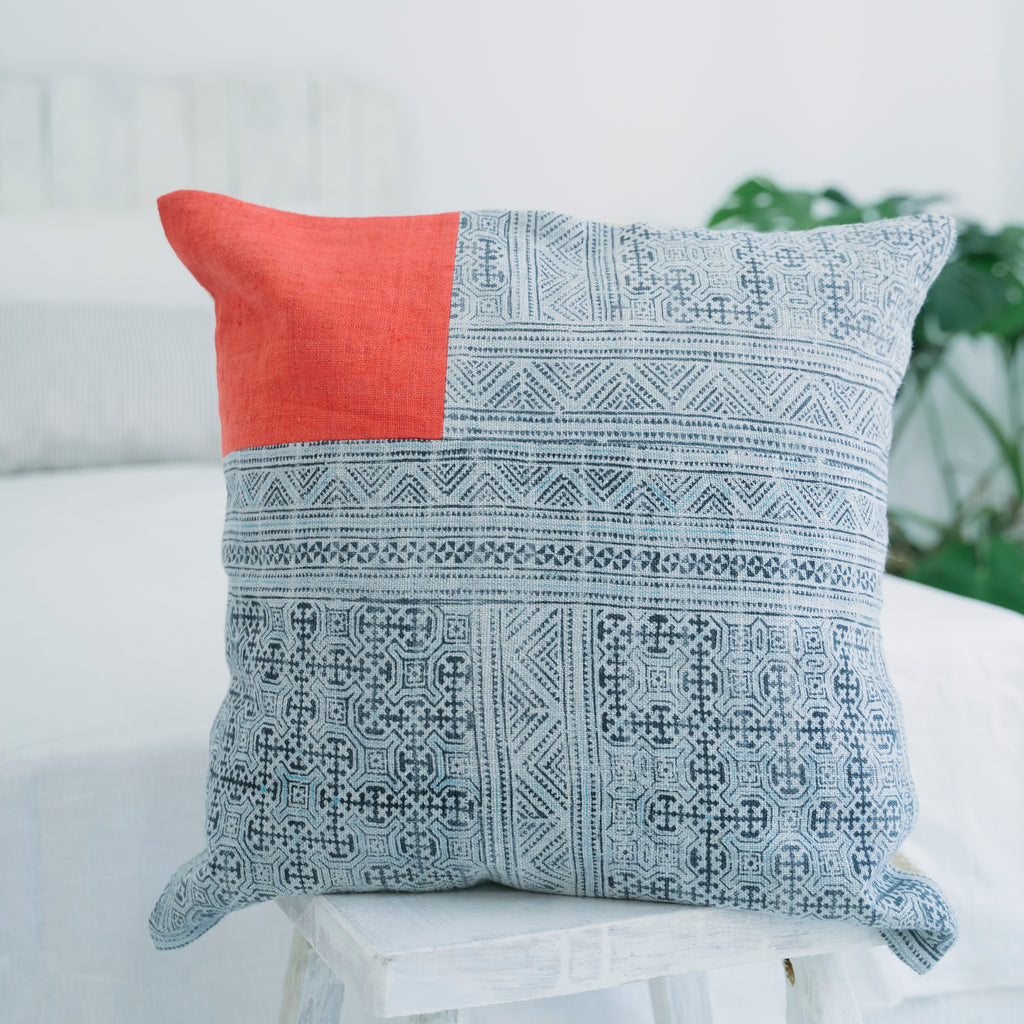Hmong Red Patchwork Batik Pillow Cover - Hand-Drawn Beeswax Brocade - One-of-a-Kind Hill Tribe Artisan Cushion