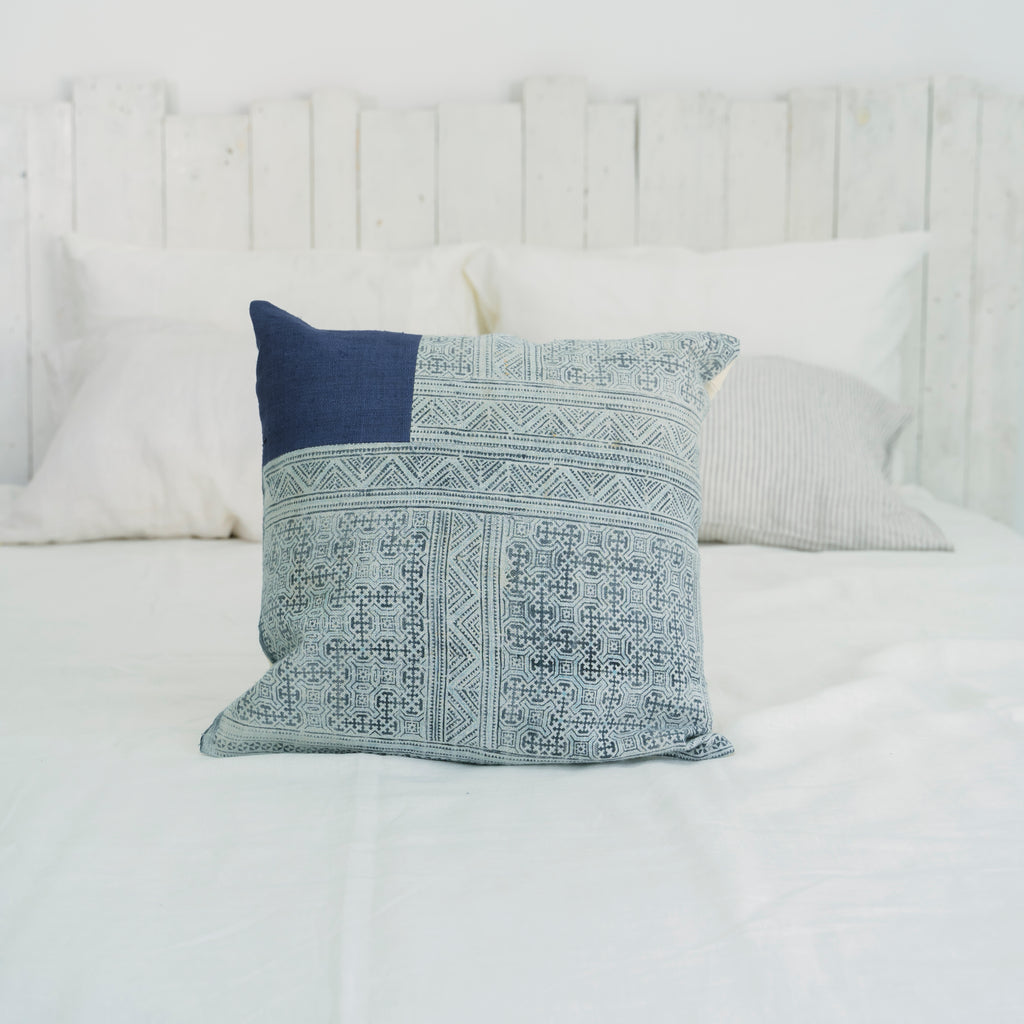 Hmong Patchwork Batik Pillow Cover - Hand-Drawn Beeswax Indigo Brocade - One-of-a-Kind Hill Tribe Artisan Cushion