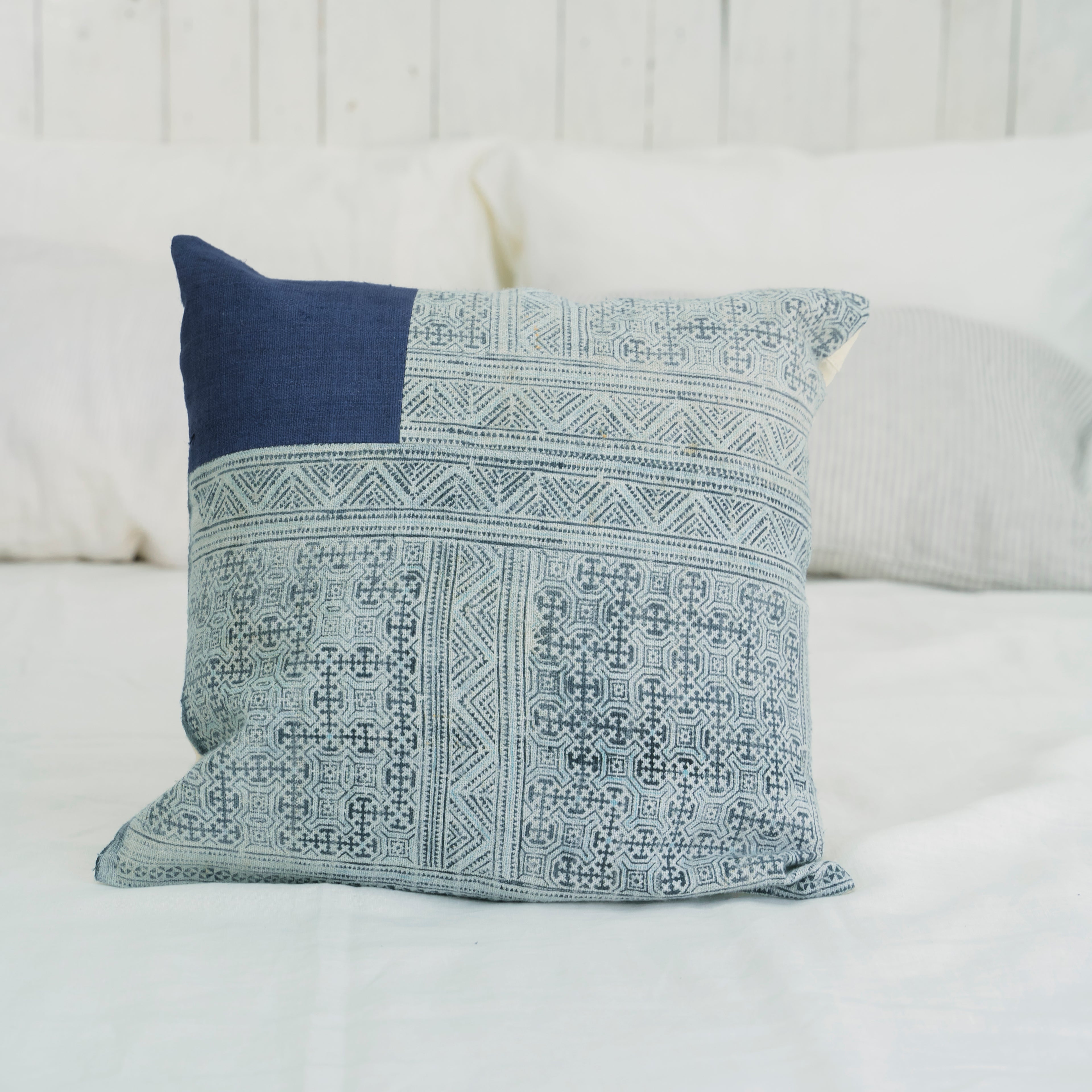 Hmong Patchwork Batik Pillow Cover - Hand-Drawn Beeswax Indigo Brocade - One-of-a-Kind Hill Tribe Artisan Cushion