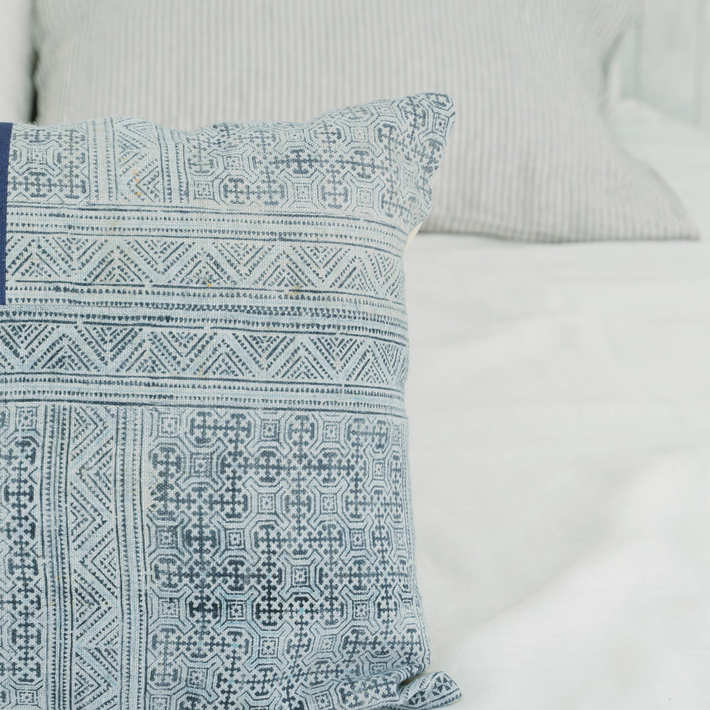 Hmong Patchwork Batik Pillow Cover - Hand-Drawn Beeswax Indigo Brocade - One-of-a-Kind Hill Tribe Artisan Cushion