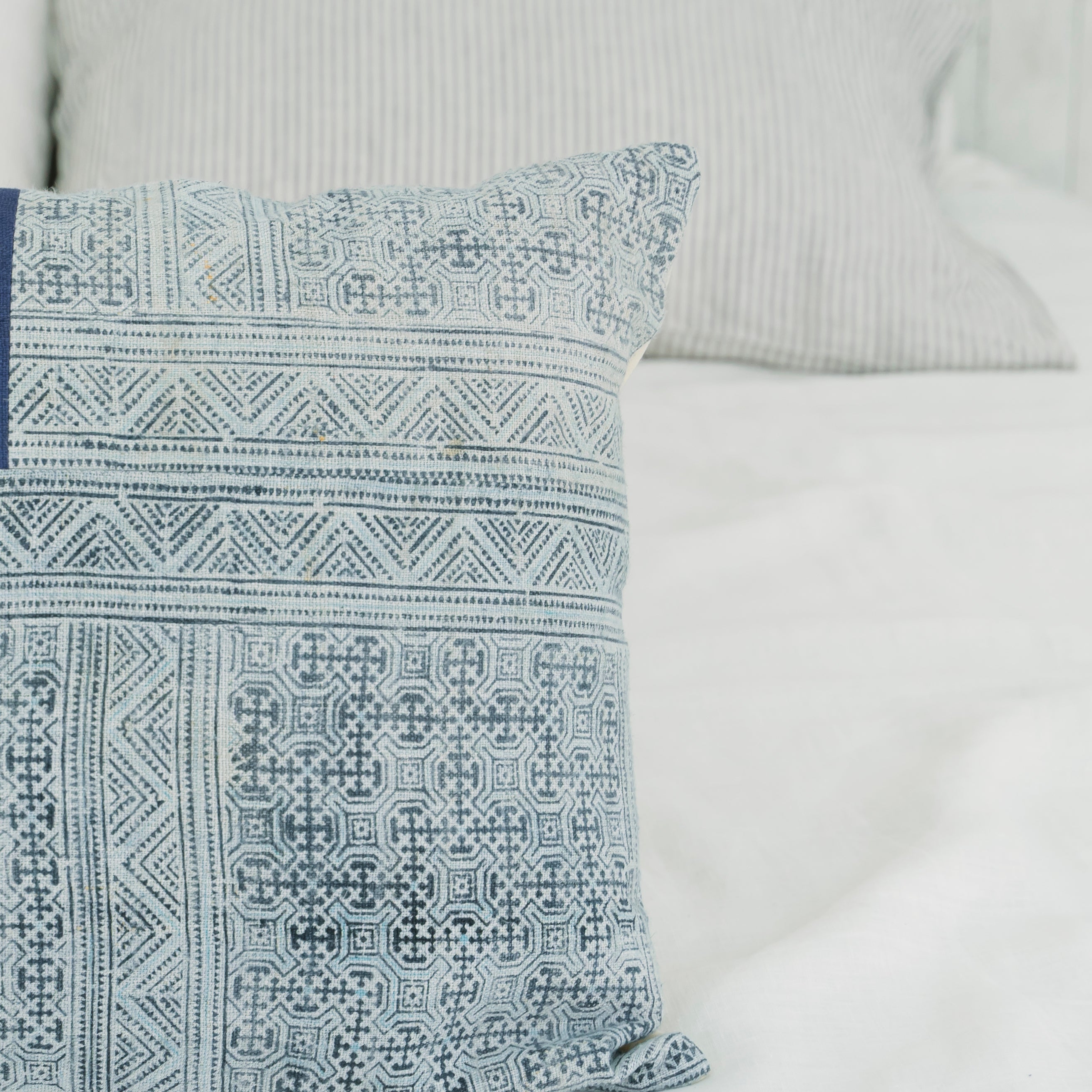 Hmong Patchwork Batik Pillow Cover - Hand-Drawn Beeswax Indigo Brocade - One-of-a-Kind Hill Tribe Artisan Cushion