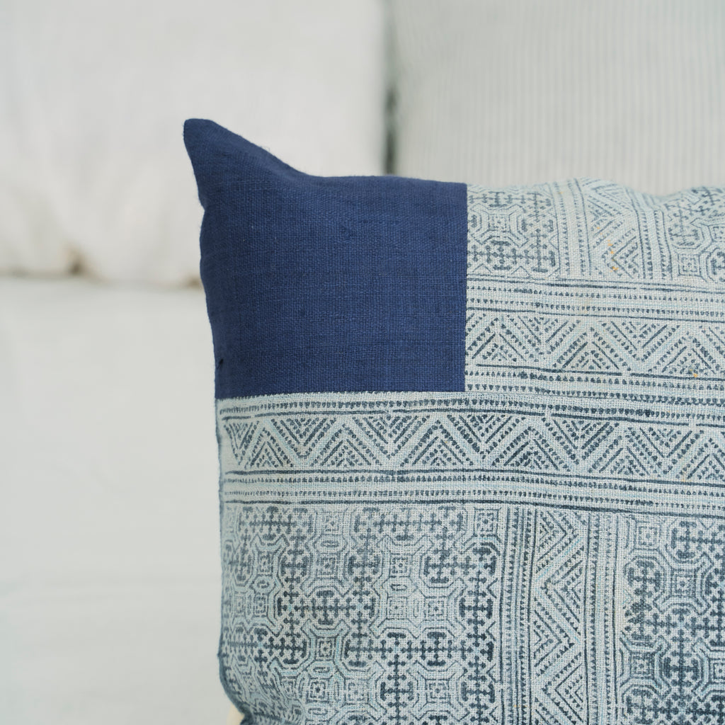 Hmong Patchwork Batik Pillow Cover - Hand-Drawn Beeswax Indigo Brocade - One-of-a-Kind Hill Tribe Artisan Cushion