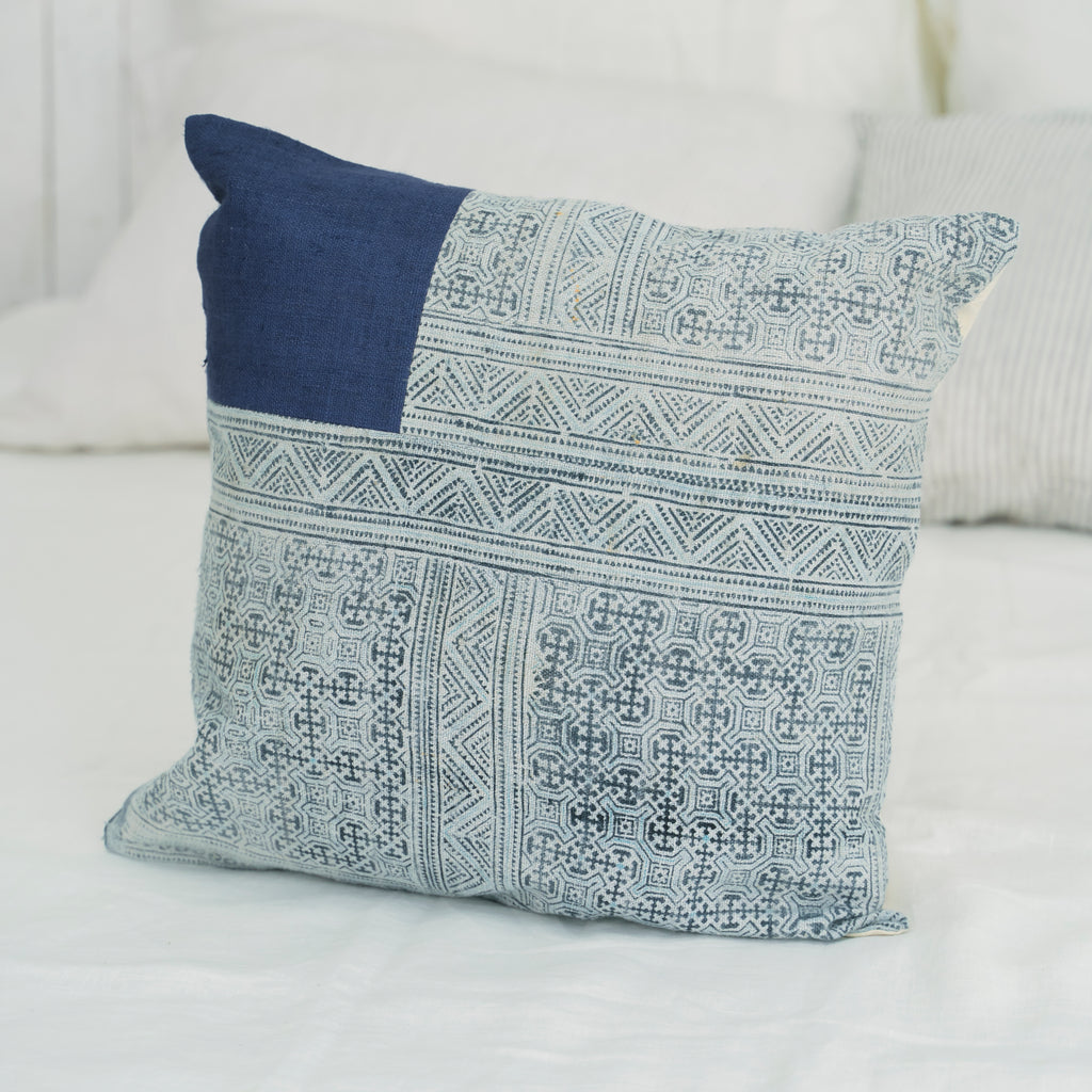 Hmong Patchwork Batik Pillow Cover - Hand-Drawn Beeswax Indigo Brocade - One-of-a-Kind Hill Tribe Artisan Cushion